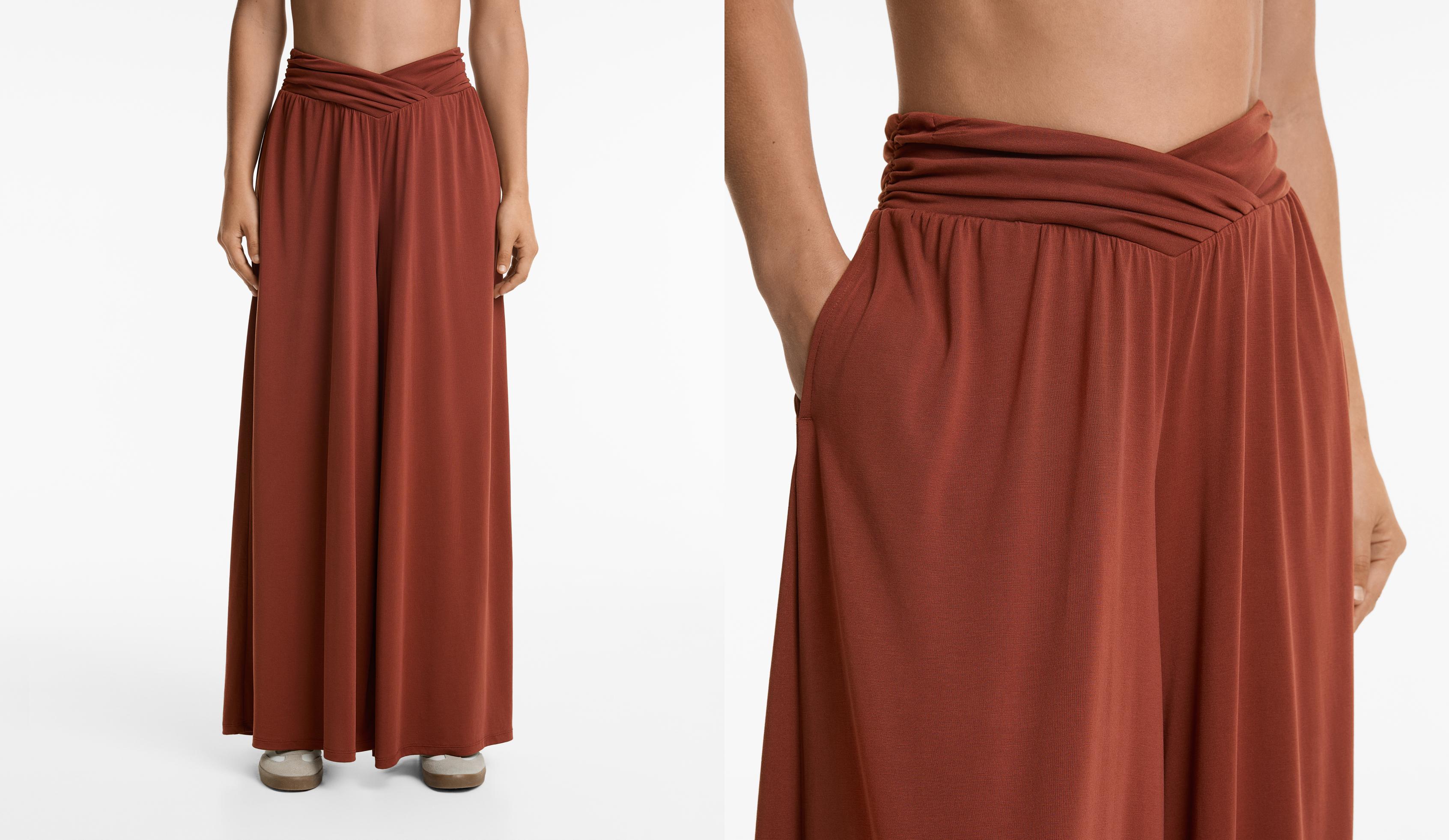 Modal içeren dökümlü kumaşlı V şekilli belli extra wide pantolon