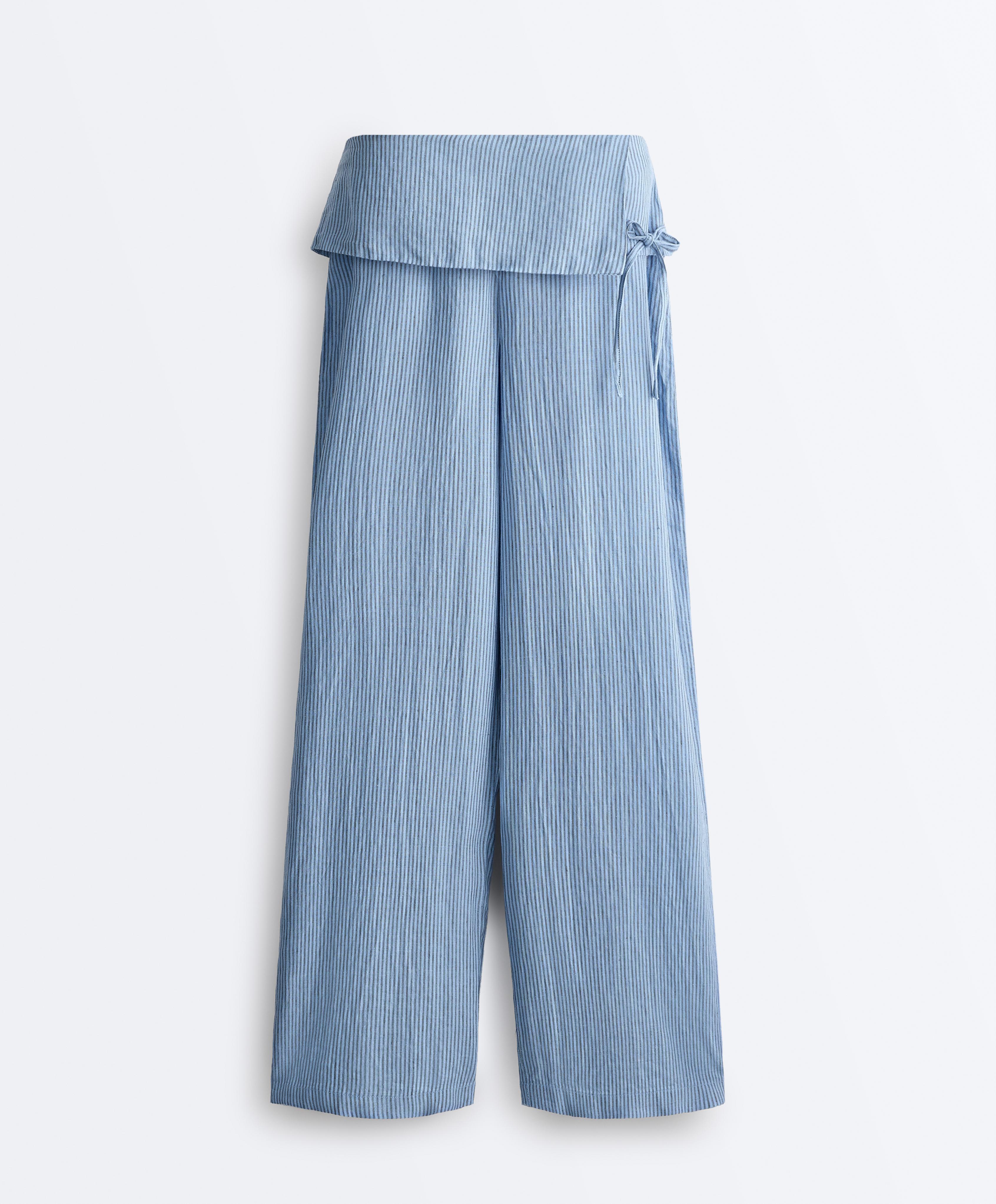 100% linen straight-leg trousers with turn-up waist — MID WASHED GREY-BLUE