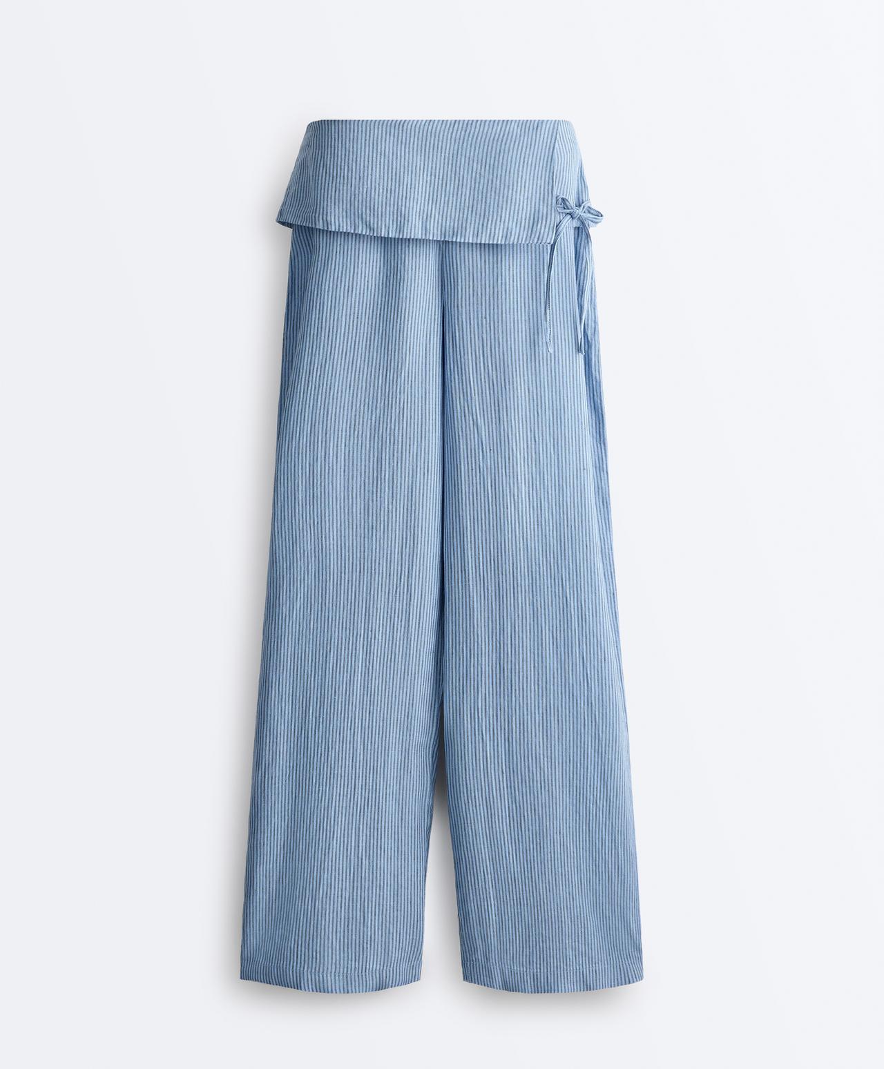 100% linen straight-leg trousers with turn-up waist — MID WASHED GREY-BLUE