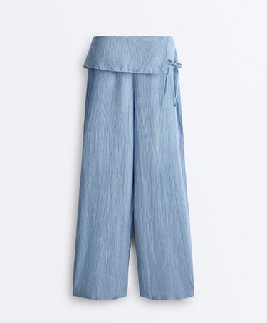 100% linen straight-leg trousers with turn-up waist — MID WASHED GREY-BLUE 6