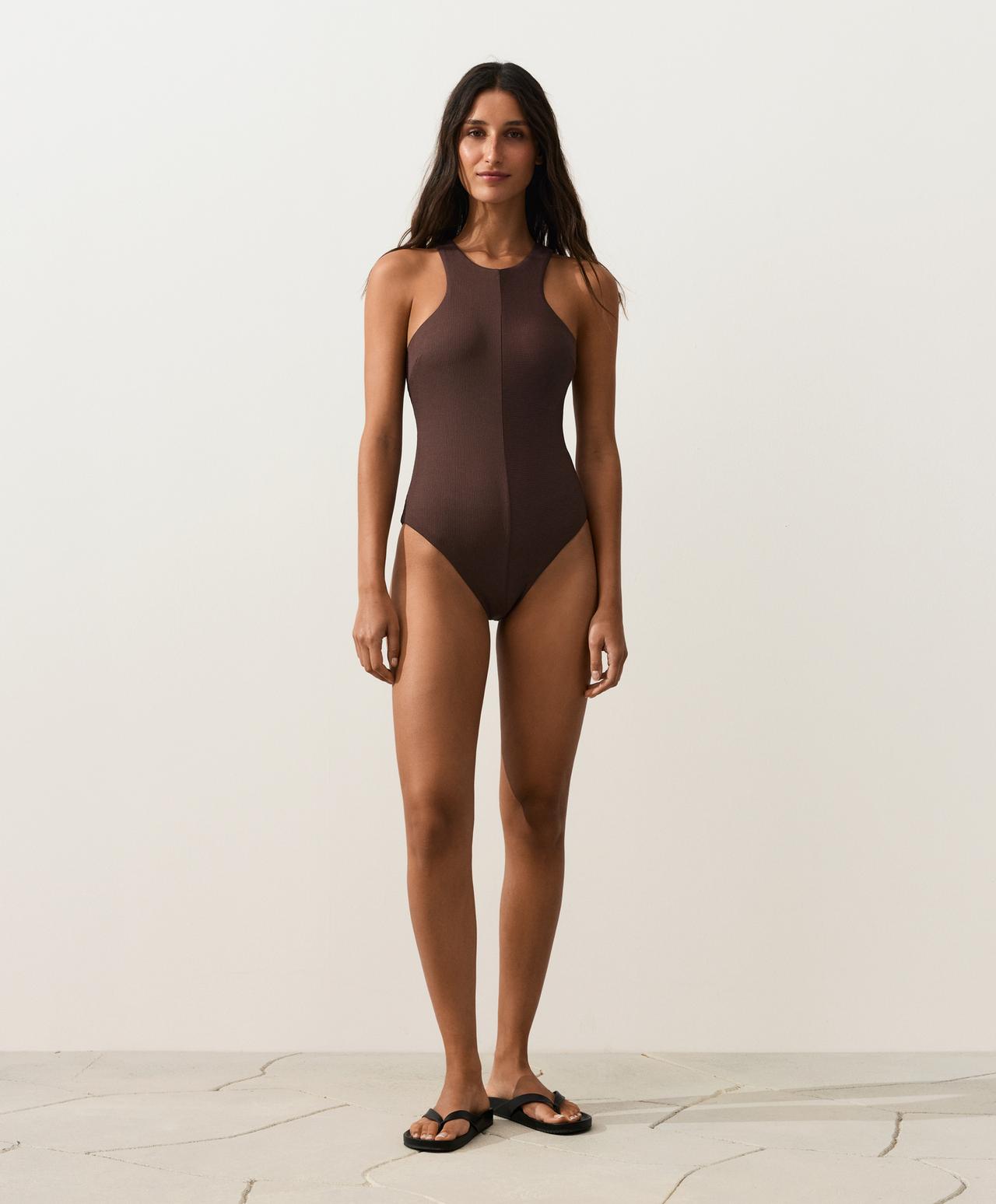 Rib halter swimsuit — CHOCOLATE