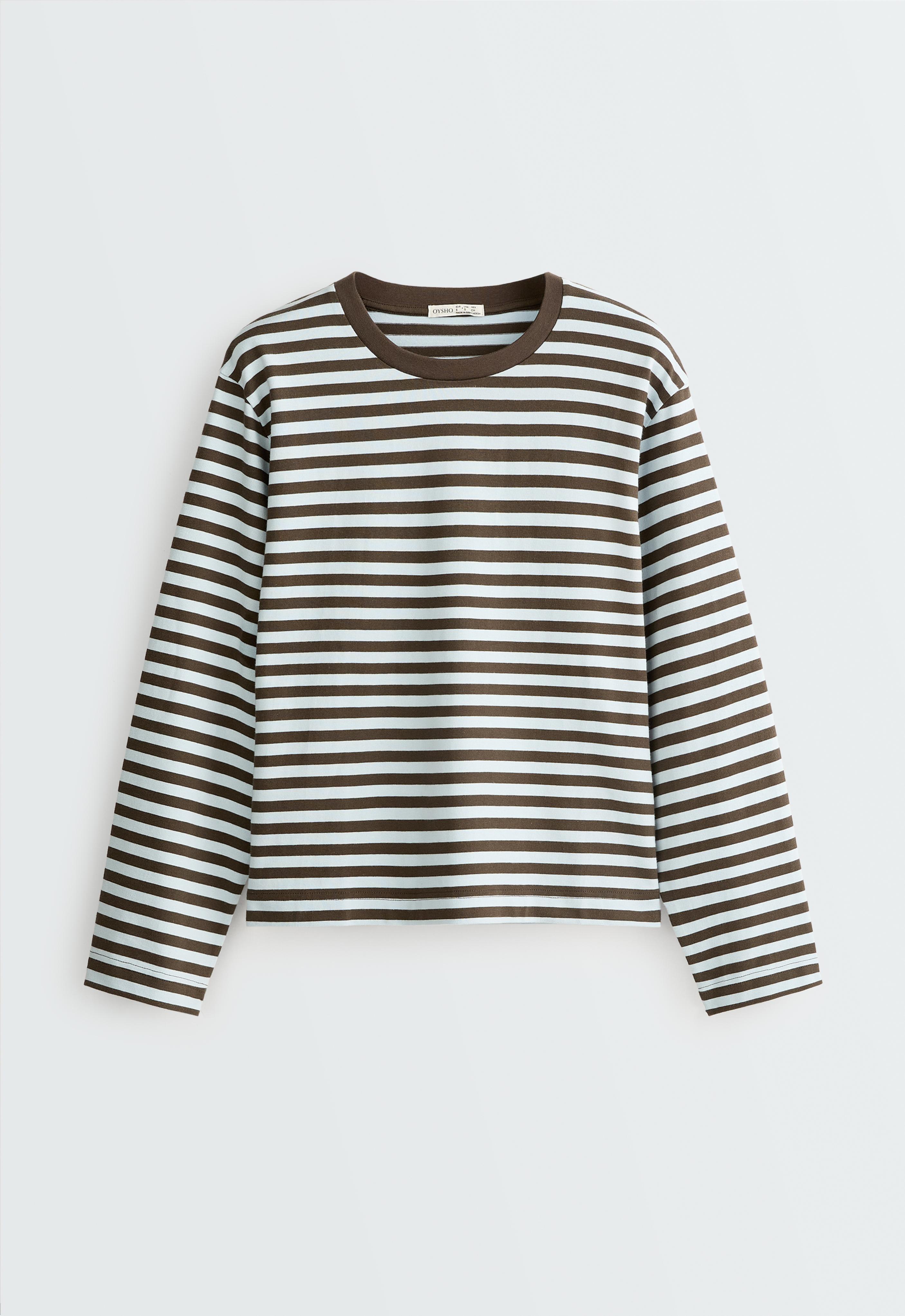Front view of a long-sleeve shirt with horizontal charcoal-gray stripes and a crew neck.