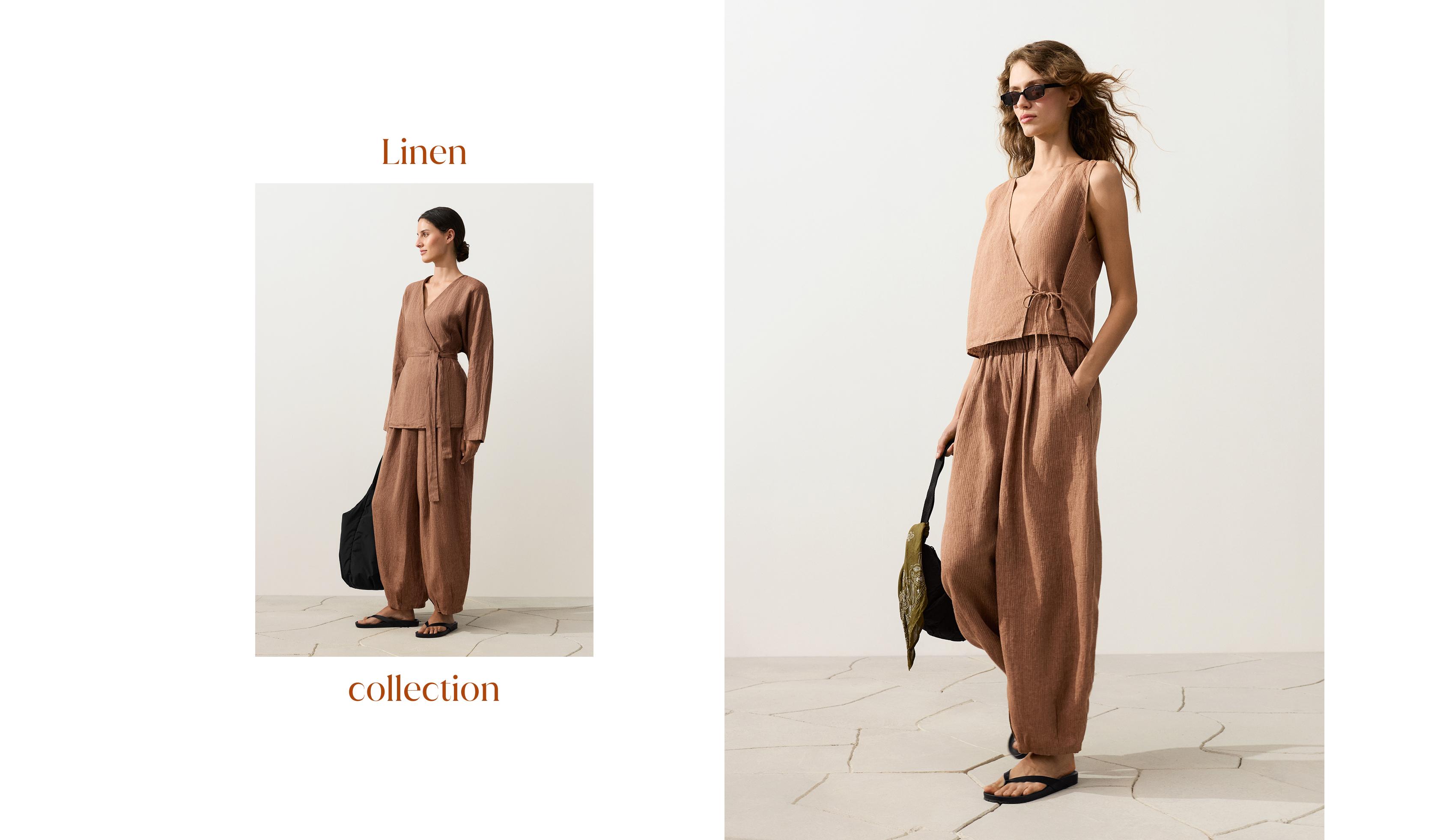 100% linen square neck crossover tie top — TAN MELANGE