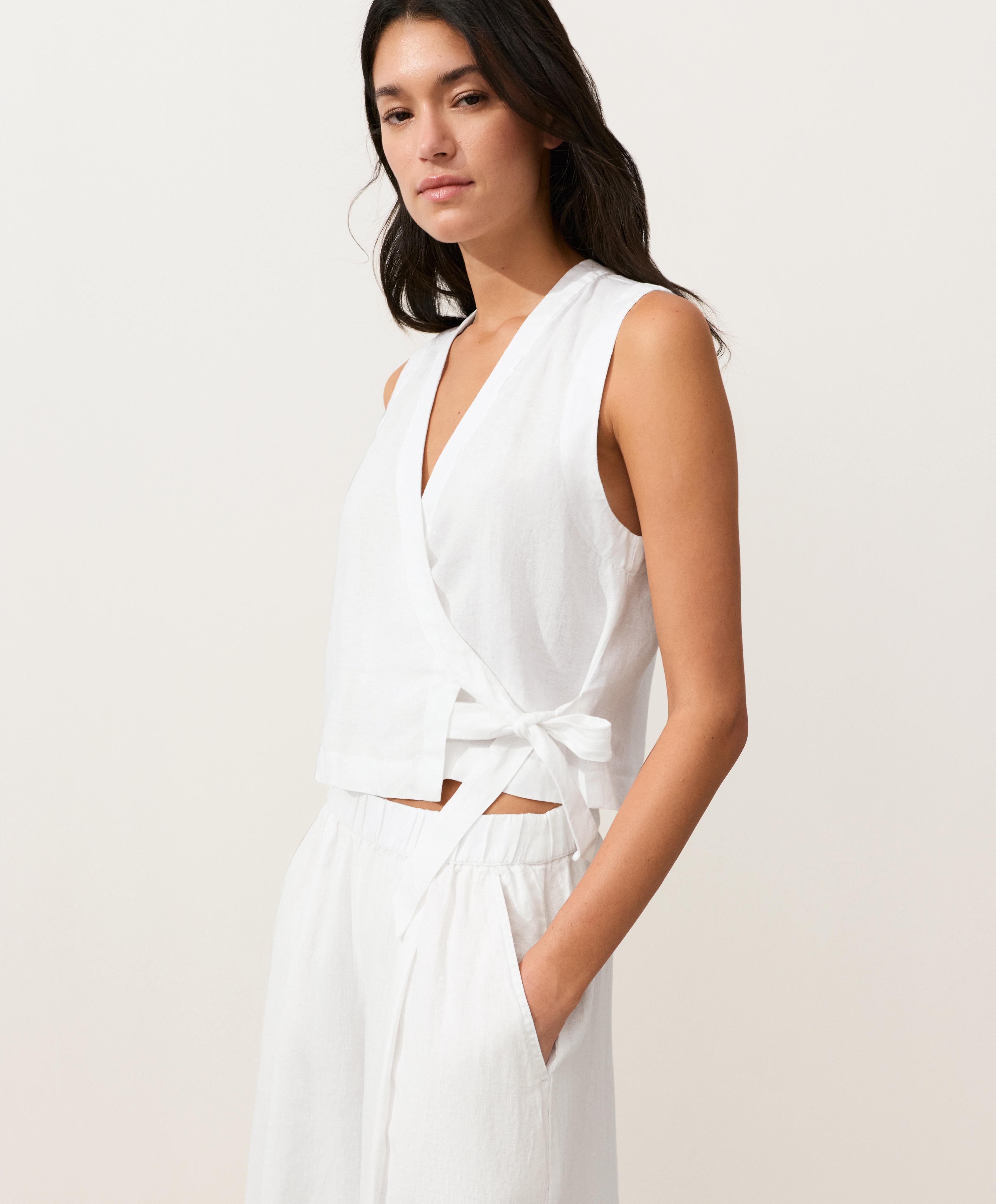 100% linen crossover top with tie fastening — WHITE