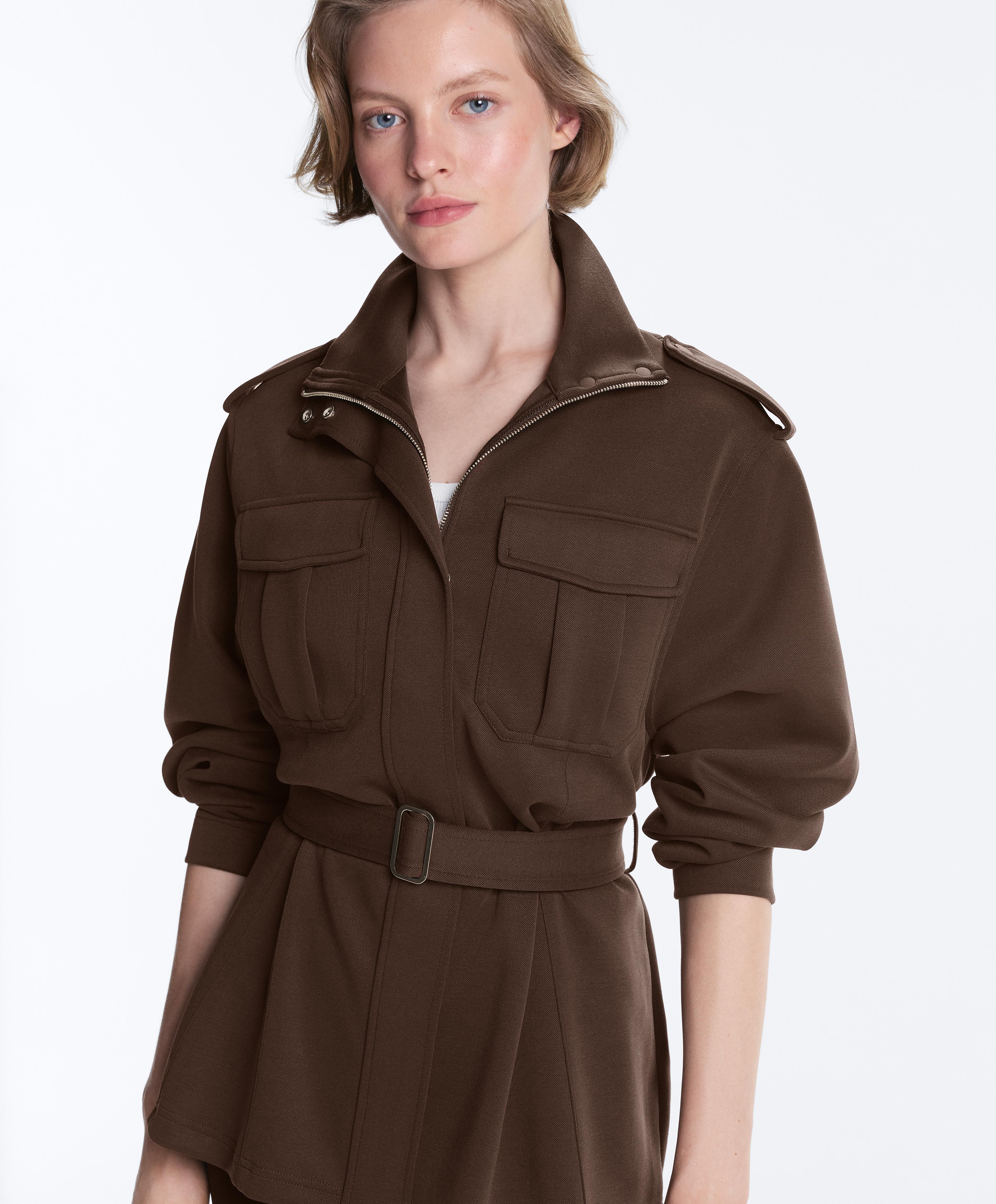Long utility pique jacket with belt — DARK BROWN