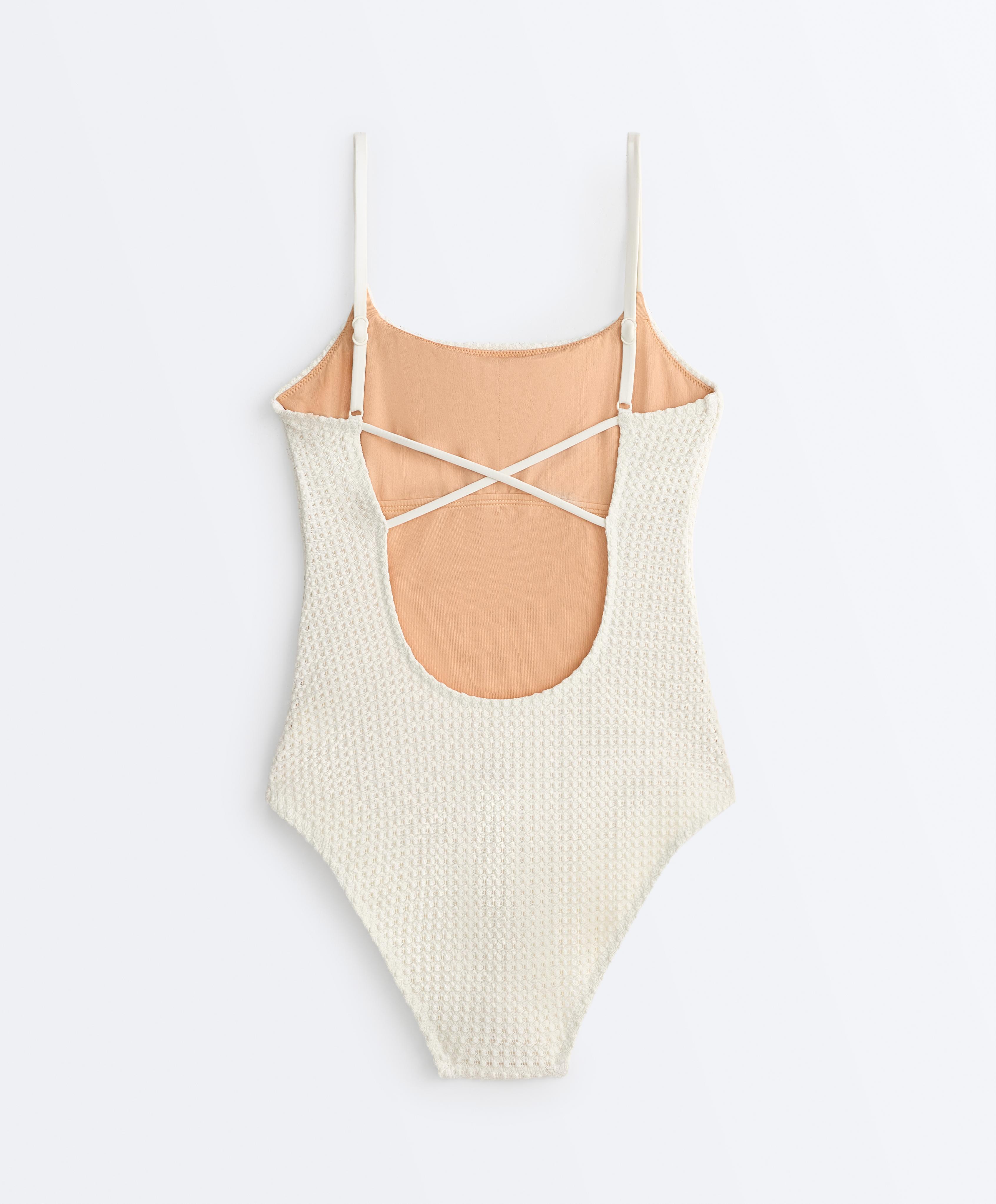 Bubble-texture crochet round neck swimsuit — ECRU