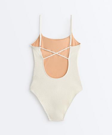 Bubble-texture crochet round neck swimsuit — ECRU 10