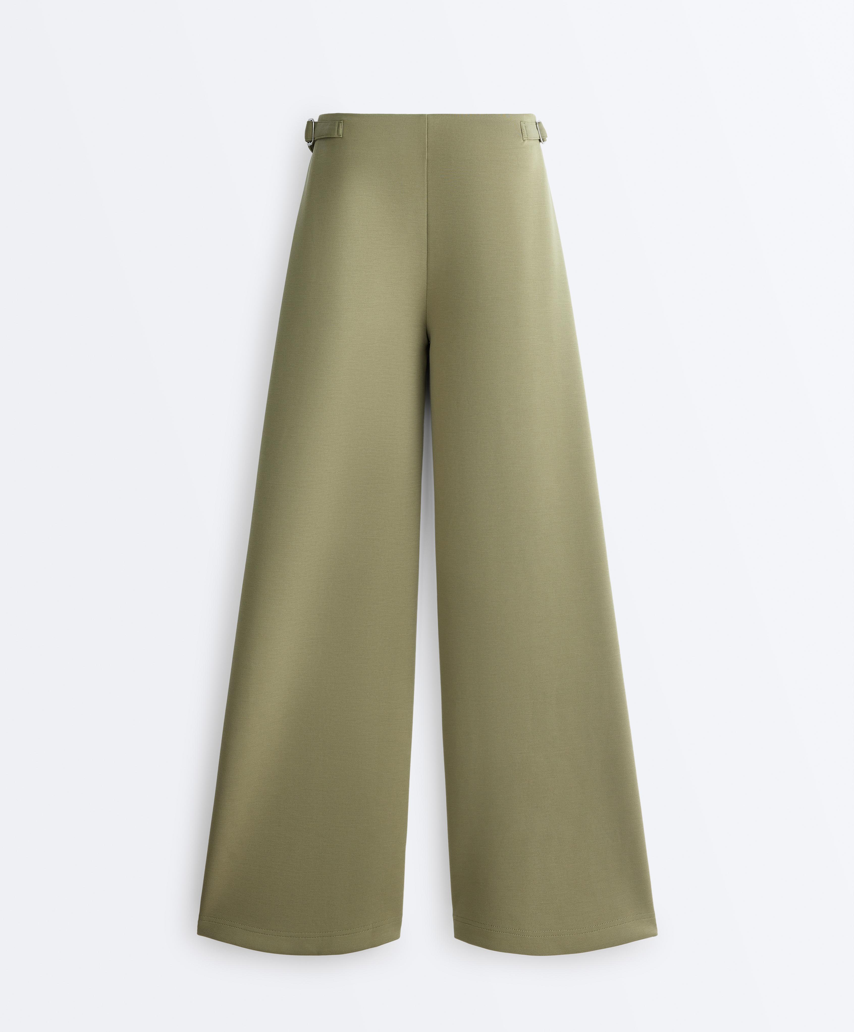 Wide-leg high rise pique trousers with buckles — YELLOW GREEN