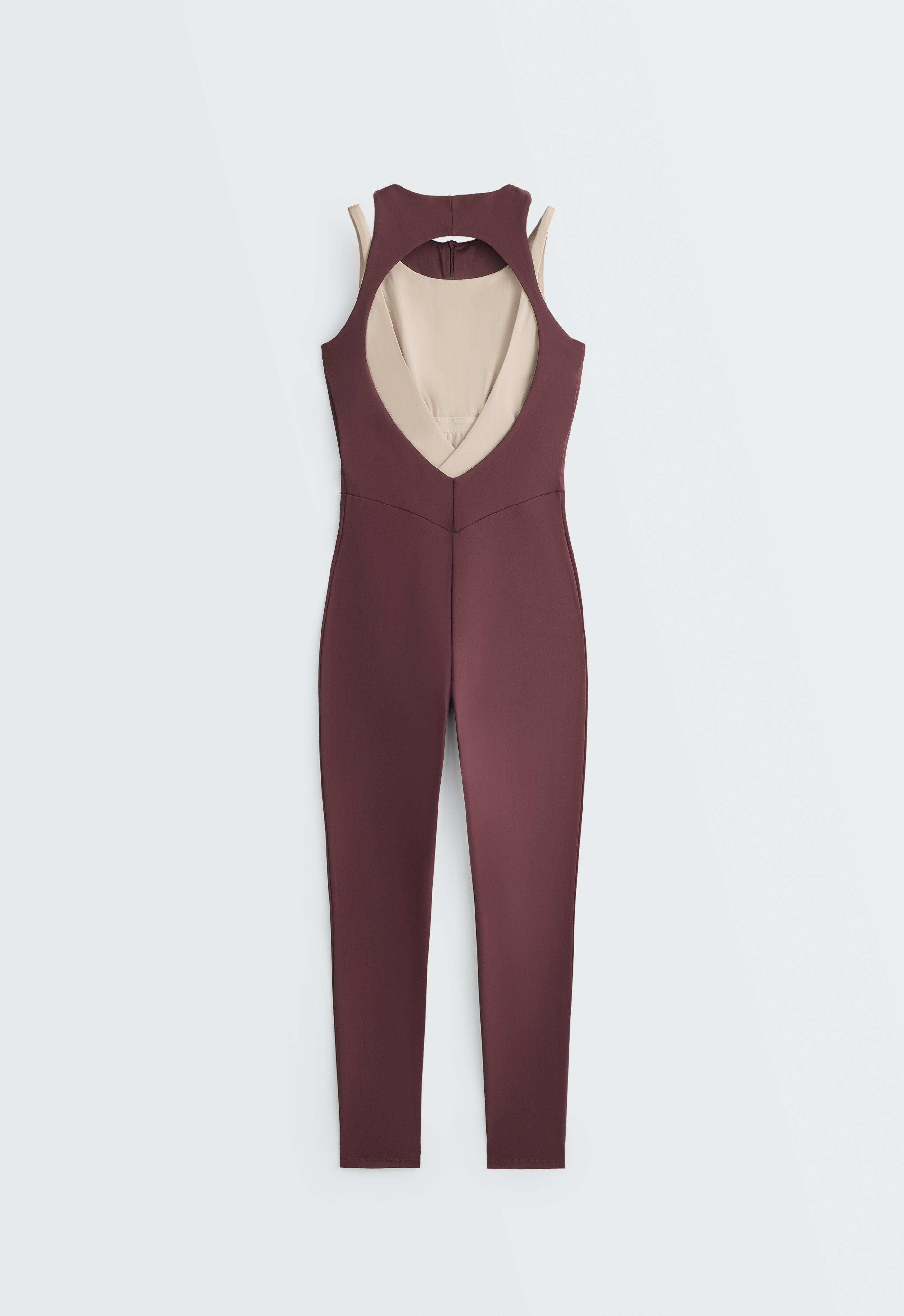 Comfortlux long jumpsuit with contrast overlay — PLUM