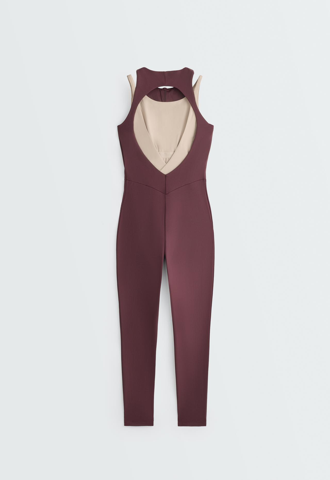 Comfortlux long jumpsuit with contrast overlay — PLUM