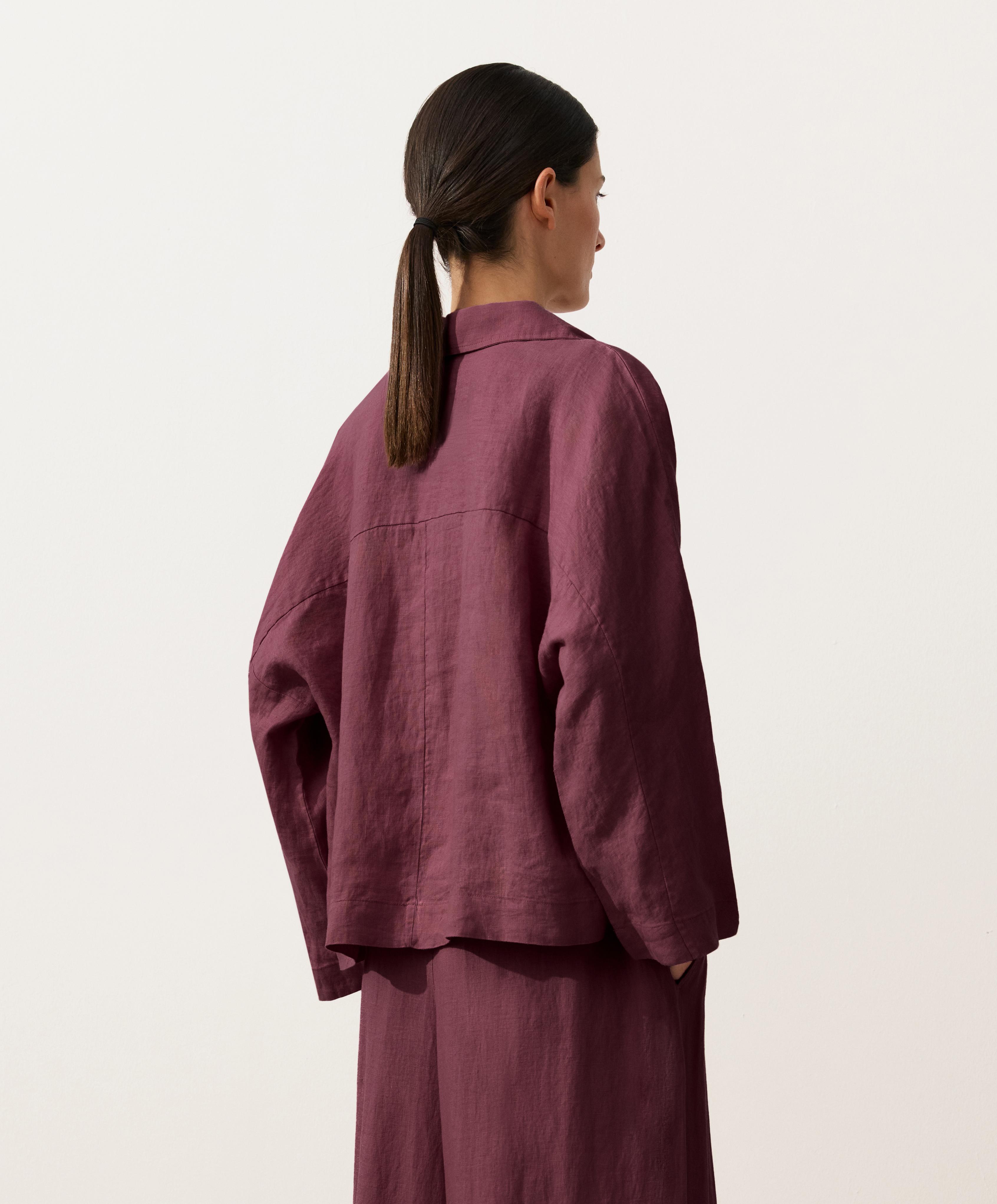 Oversize long-sleeve 100% linen polo shirt — CHERRY
