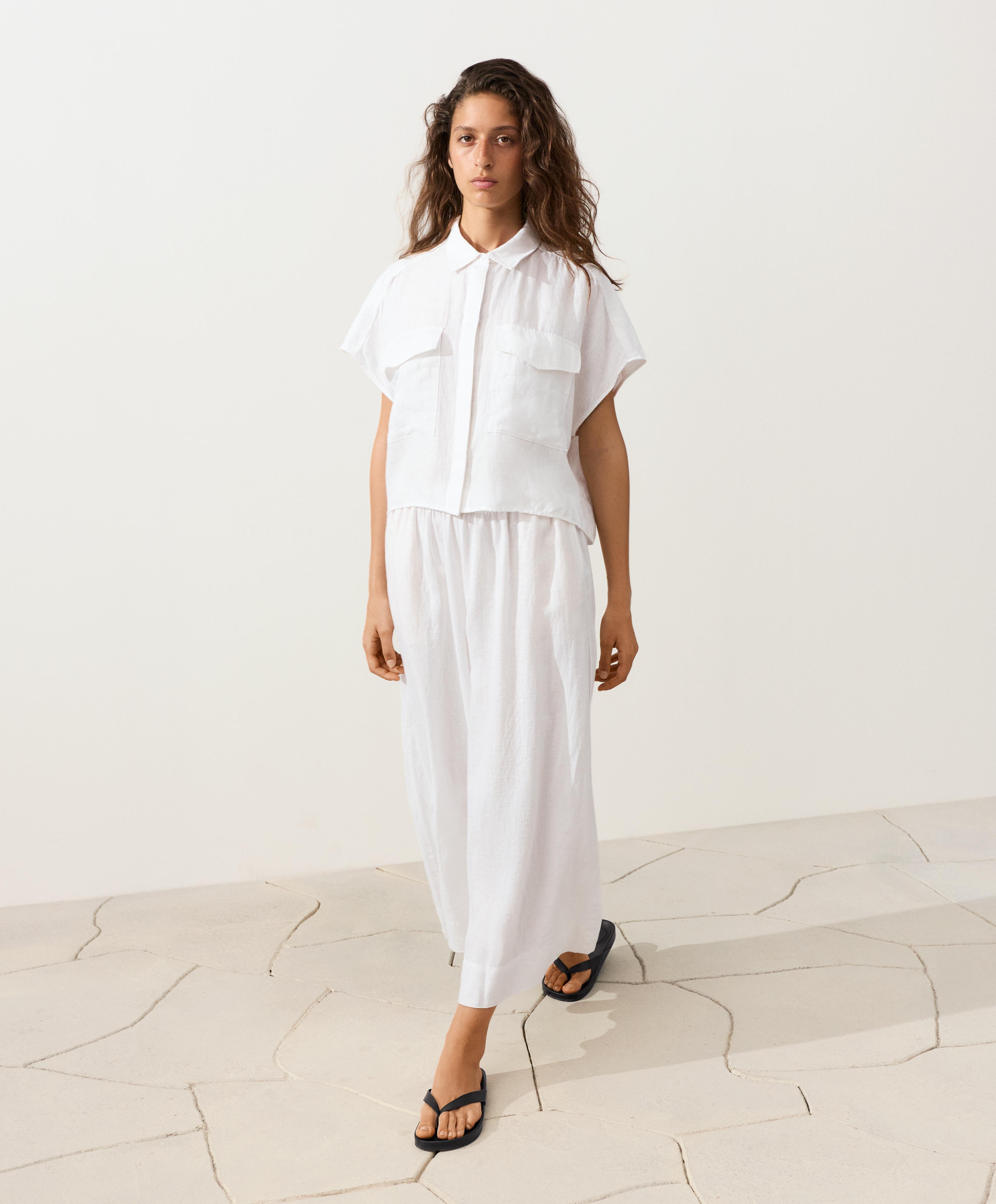 100% linen super wide-leg cropped trousers — WHITE