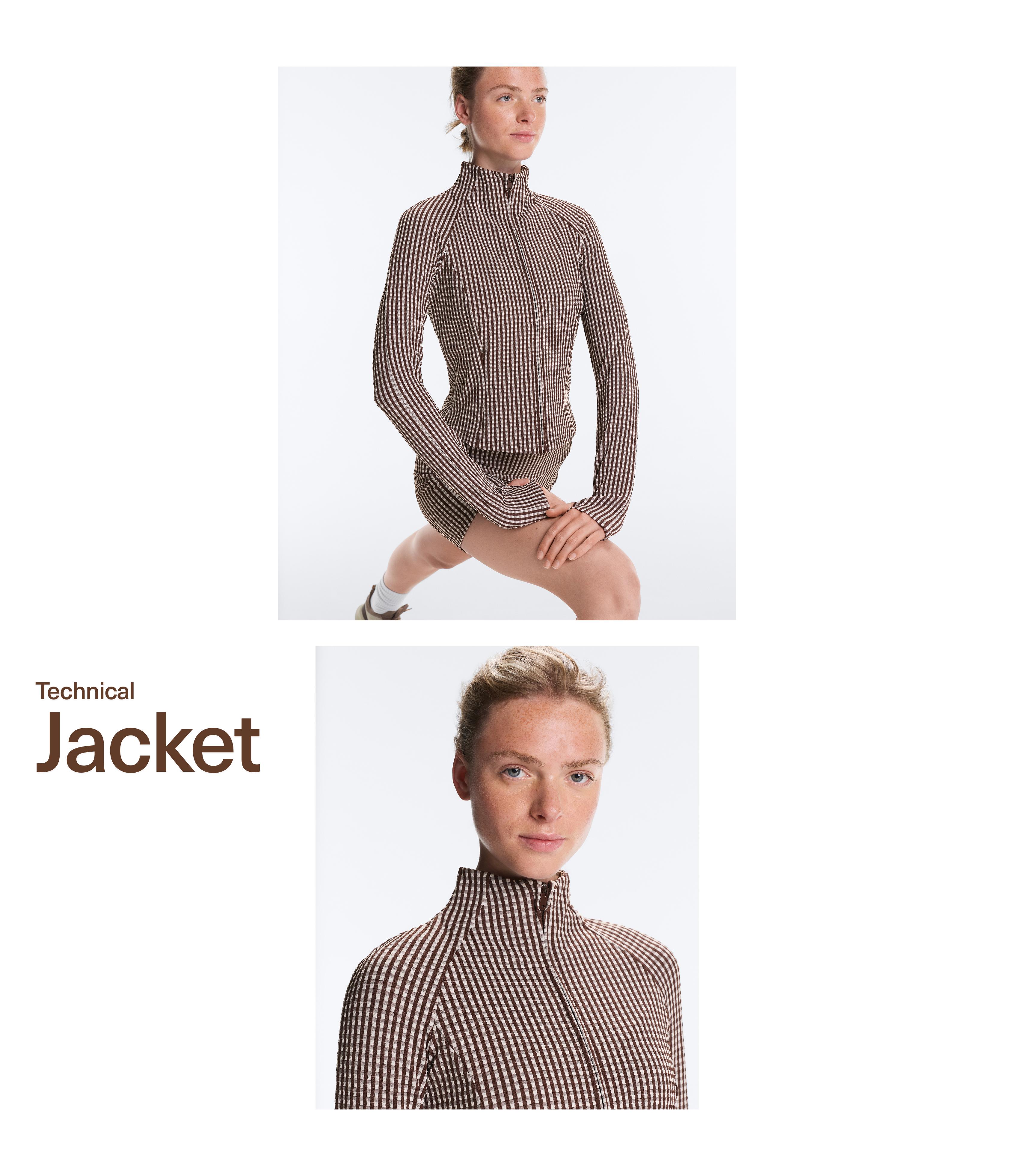 Gingham technical jacket — DARK REDDISH‑BROWN