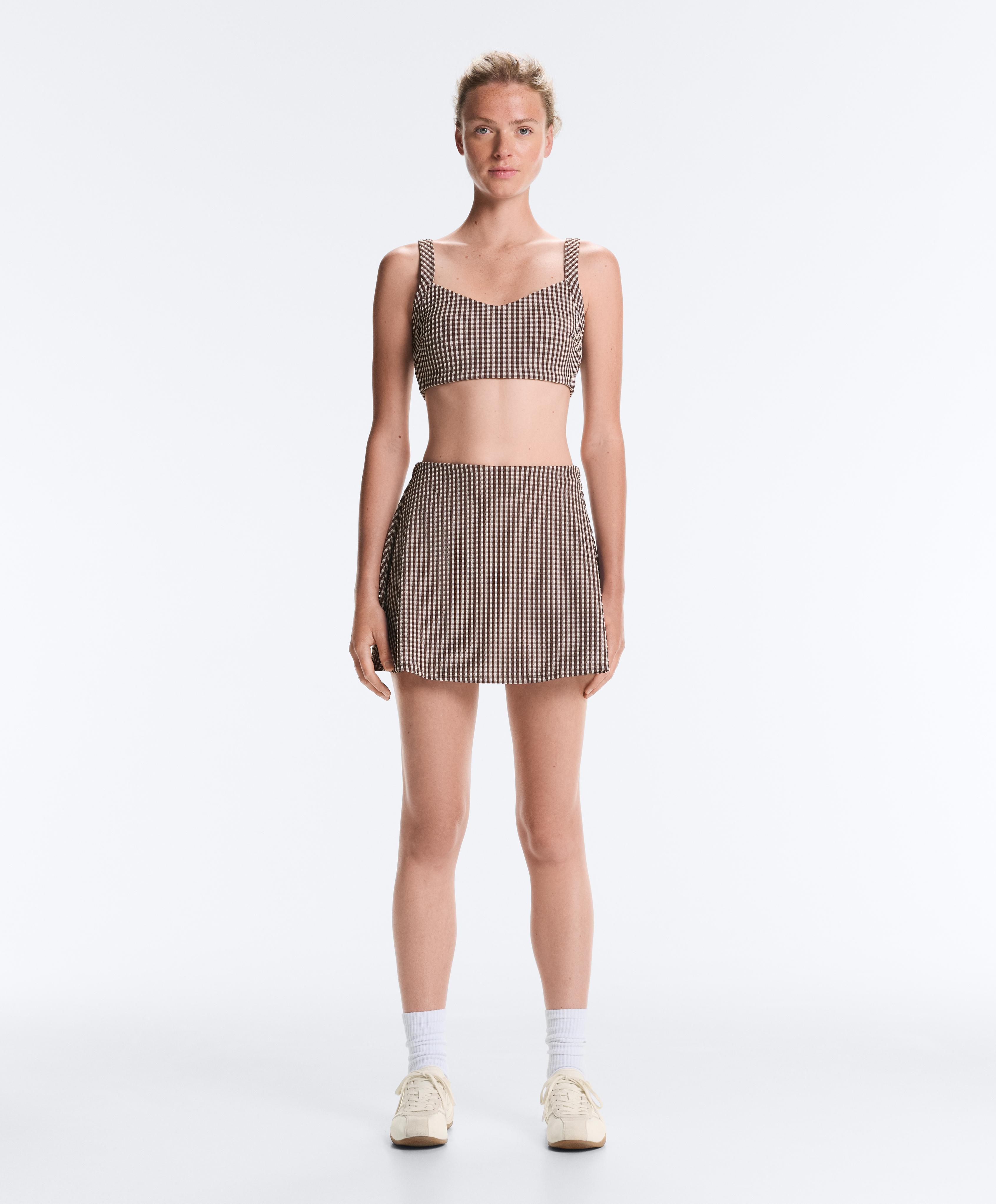 Comfortlux high-rise gingham mini skirt — DARK REDDISH‑BROWN