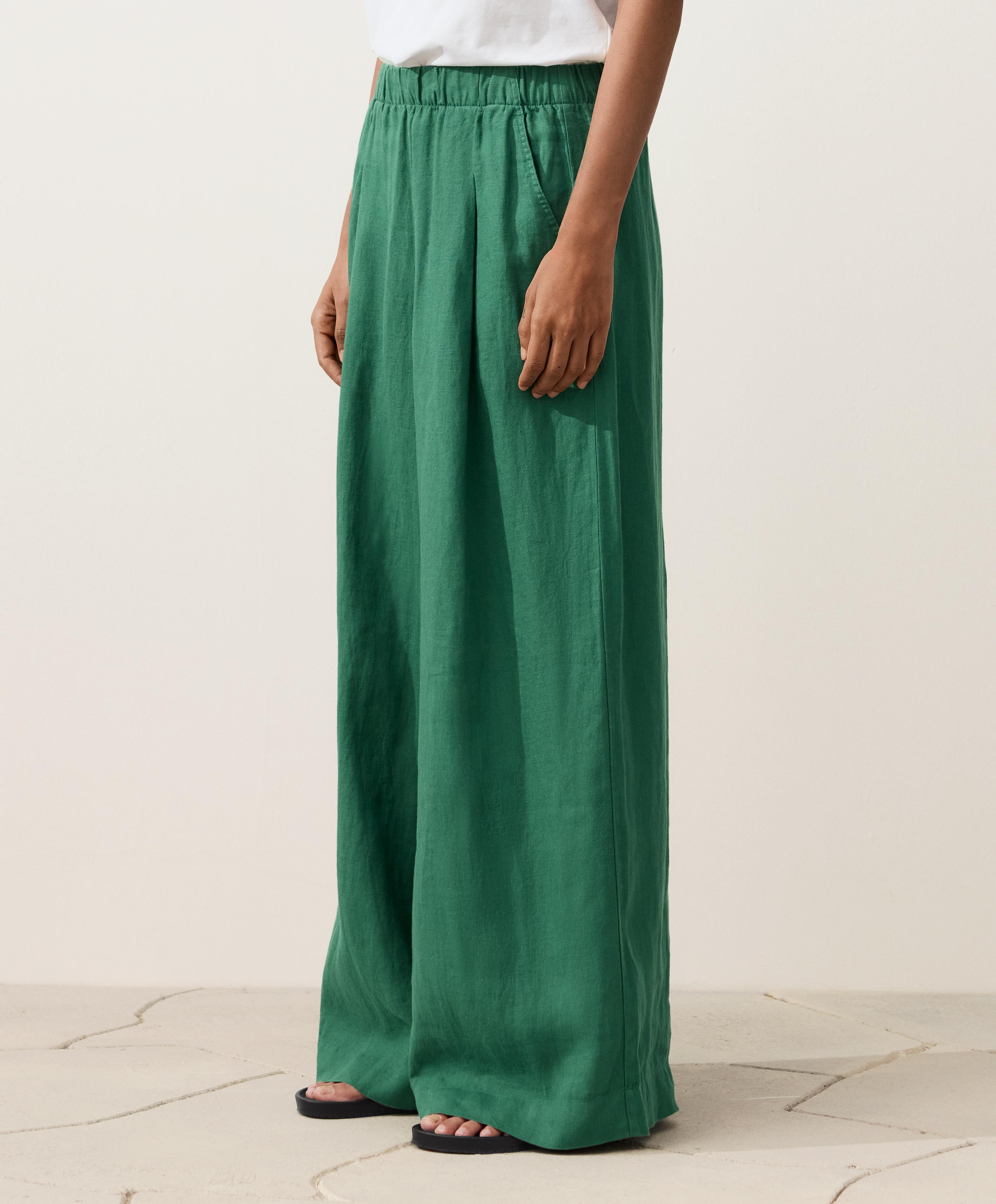 100% linen wide-leg trousers — EMERALD GREEN