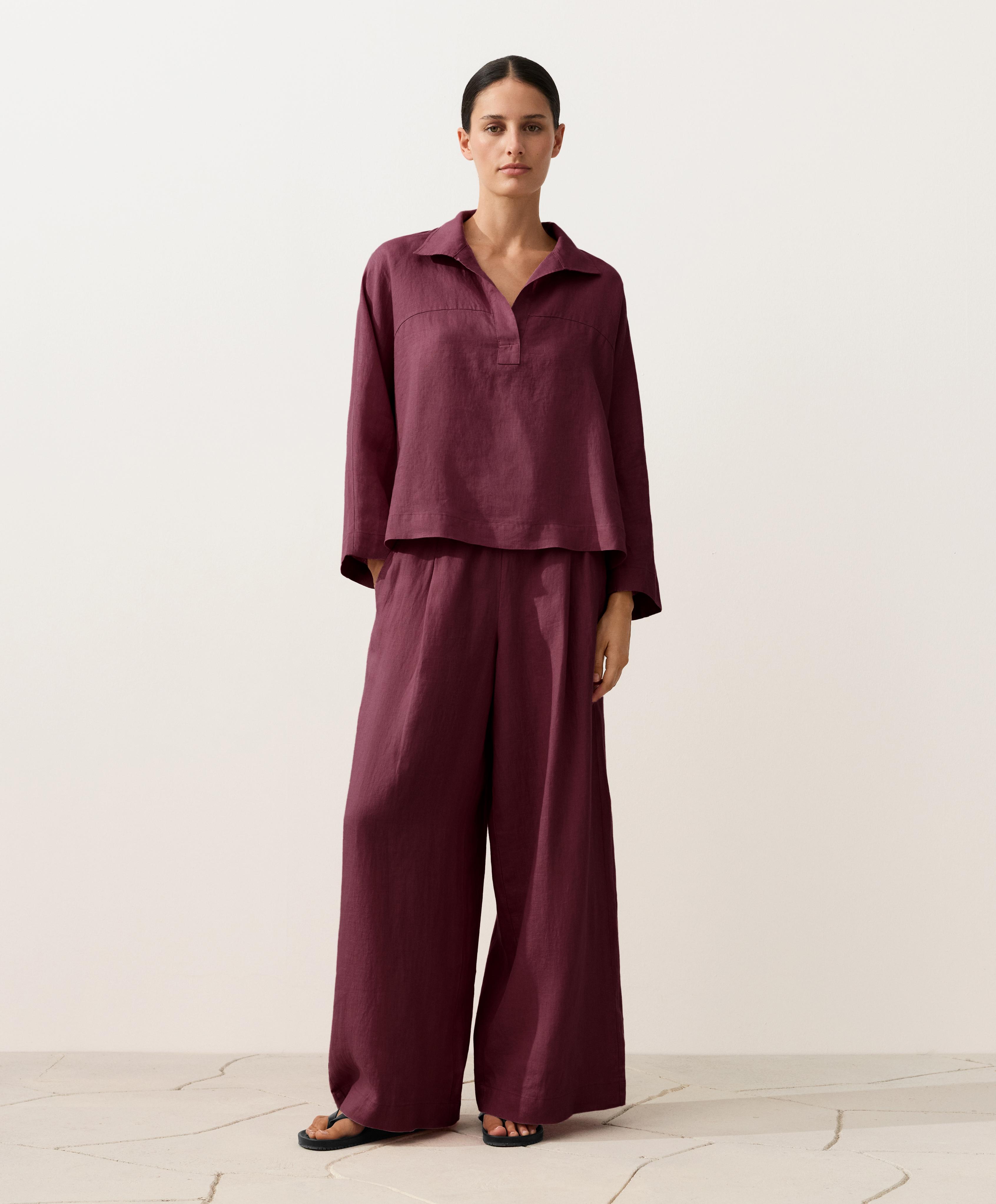 Oversize long-sleeve 100% linen polo shirt — CHERRY