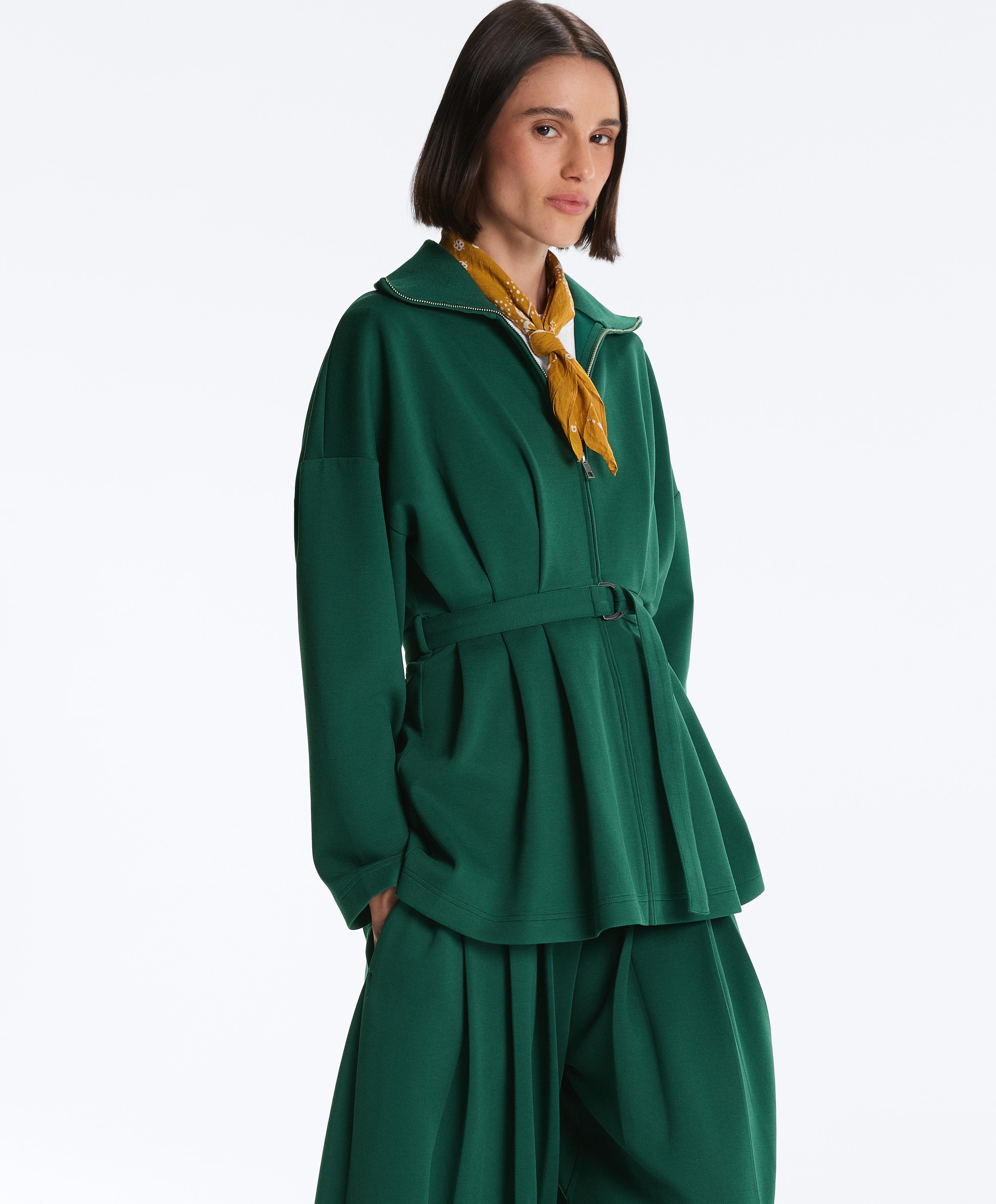 Long cotton piqué belted jacket — DARK EMERALD