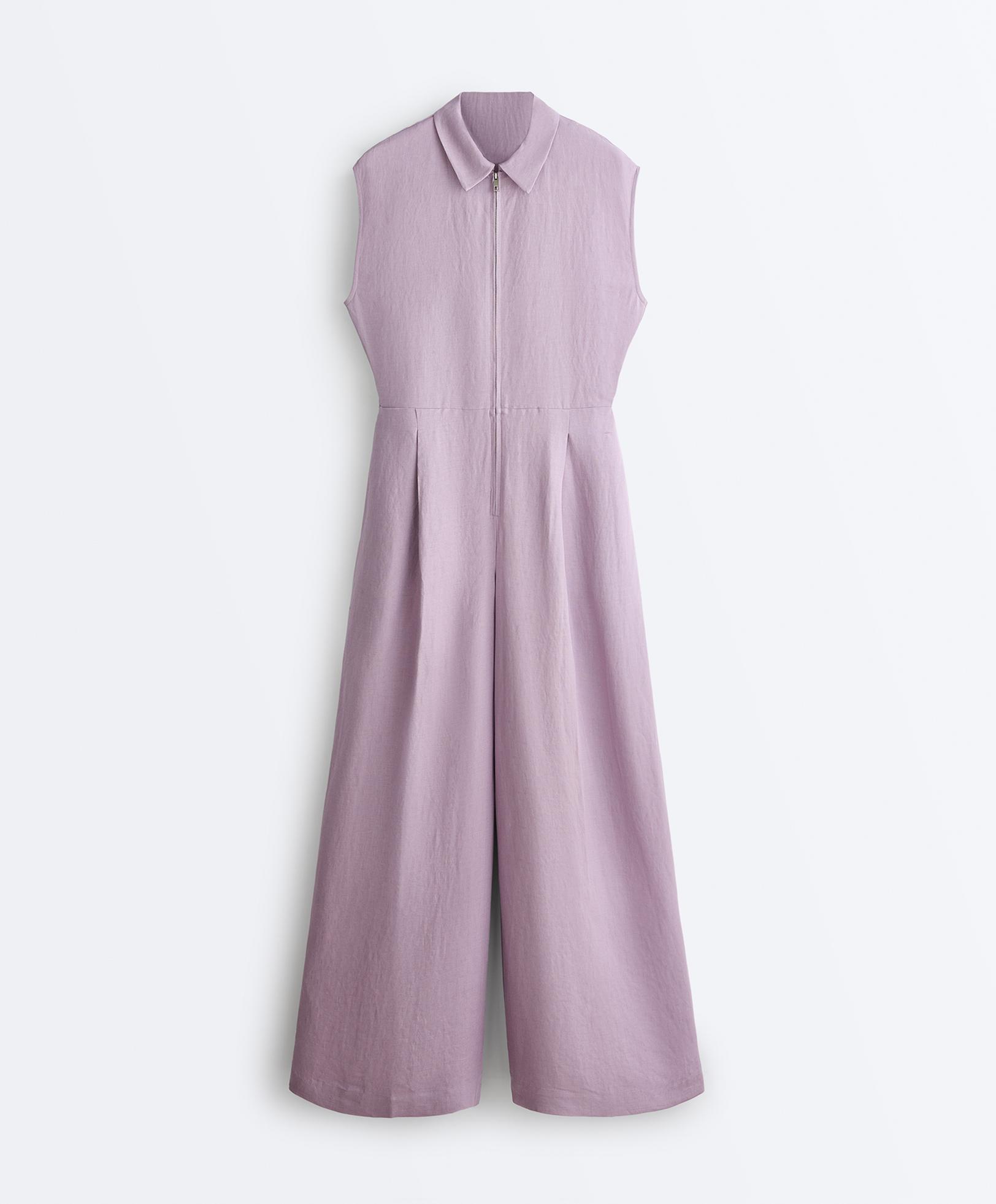 Linen long jumpsuit with lapel collar — LILAC