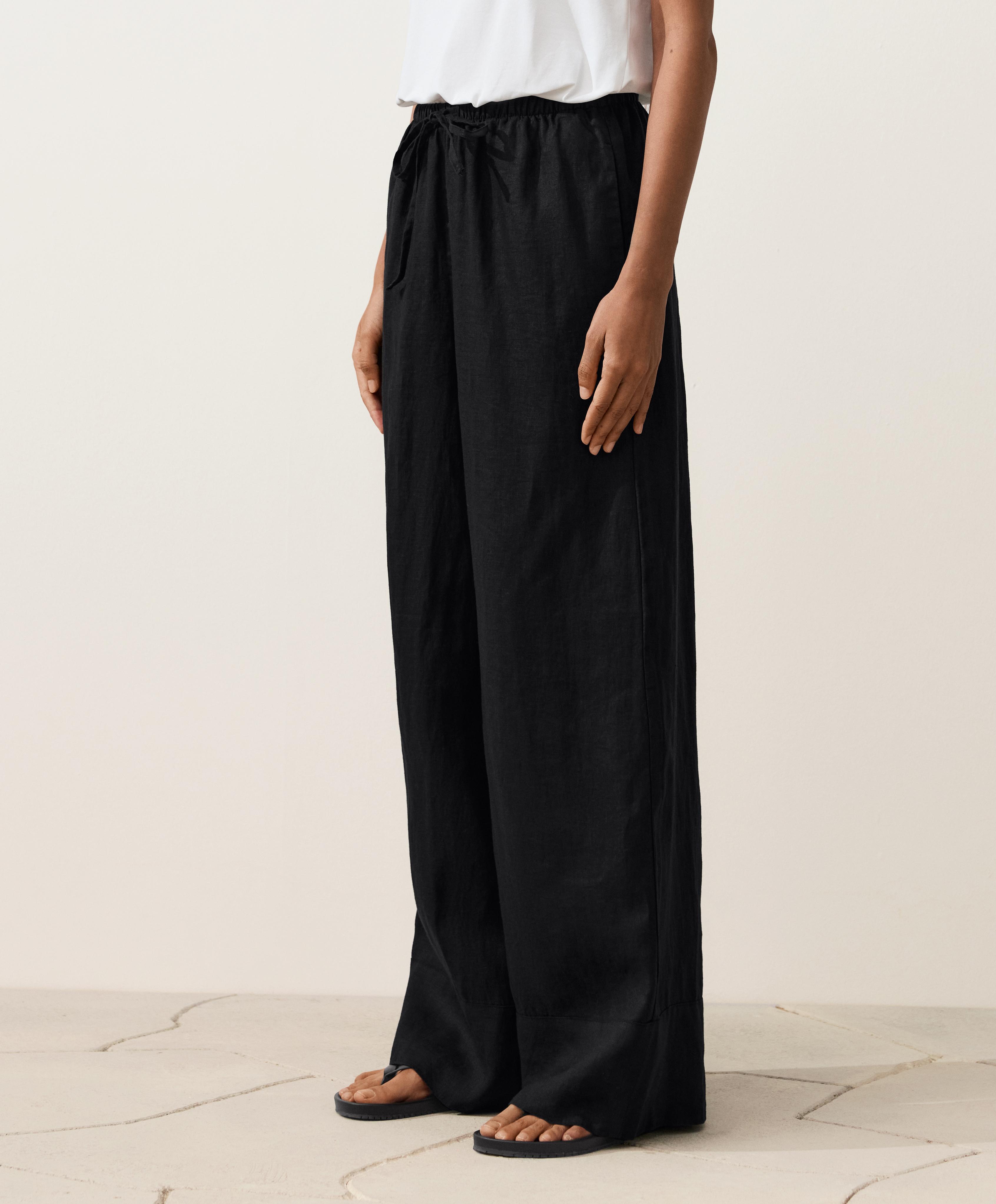 100% linen straight-leg trousers — BLACK