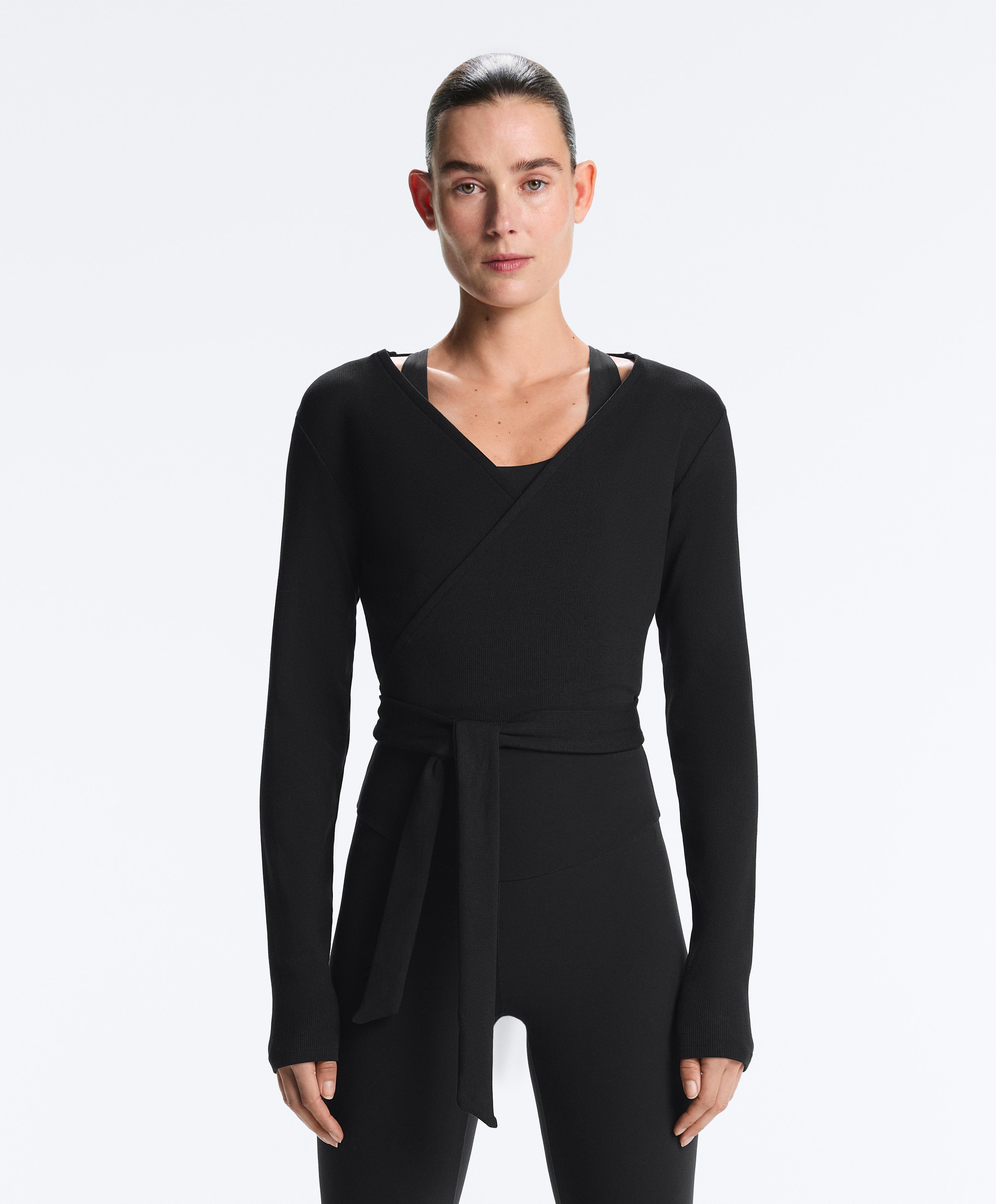 Wrap Over Rib Cotton Blend T-Shirt — BLACK