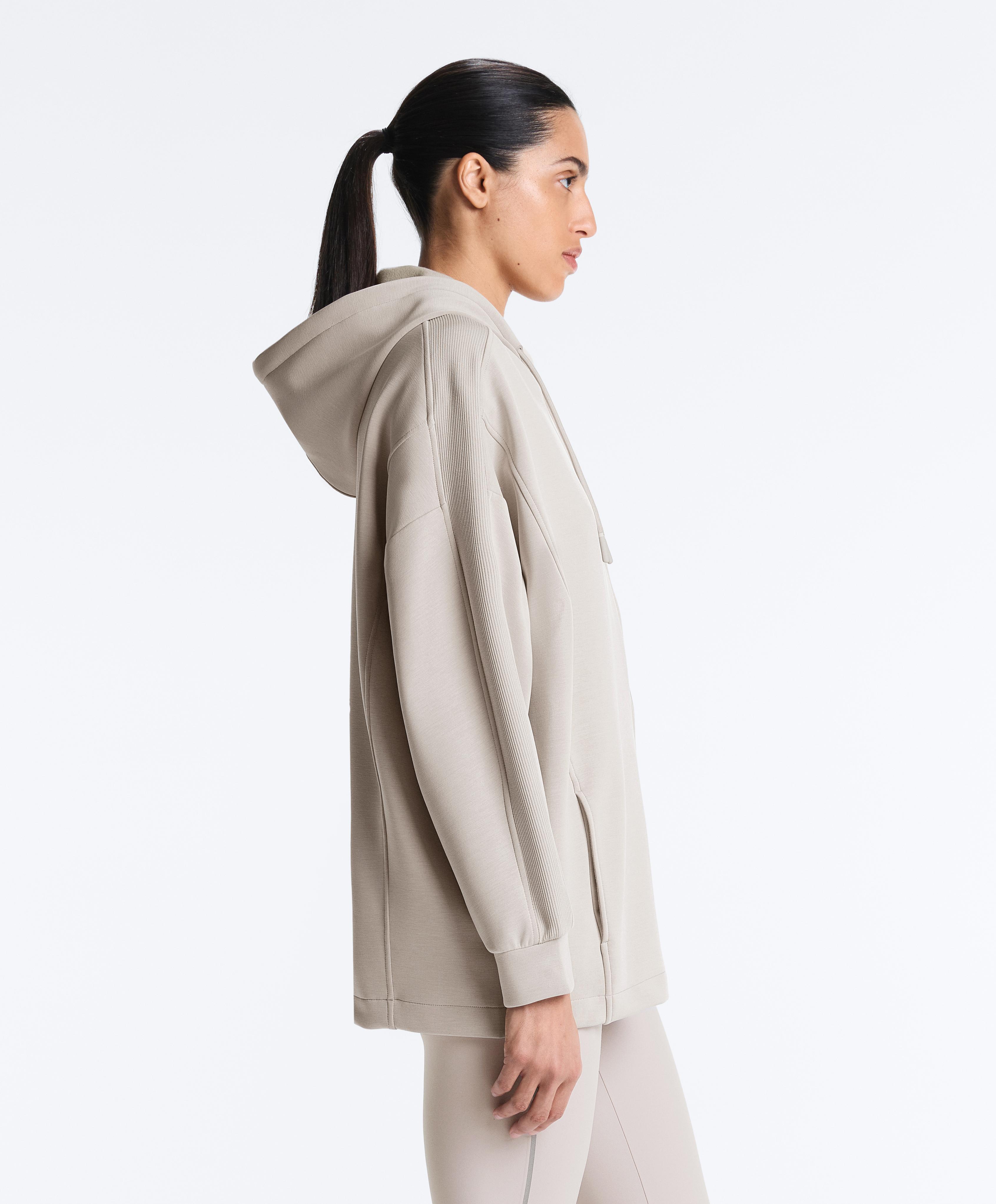 Long hooded jacket with rib details and brushed modal — TAUPE