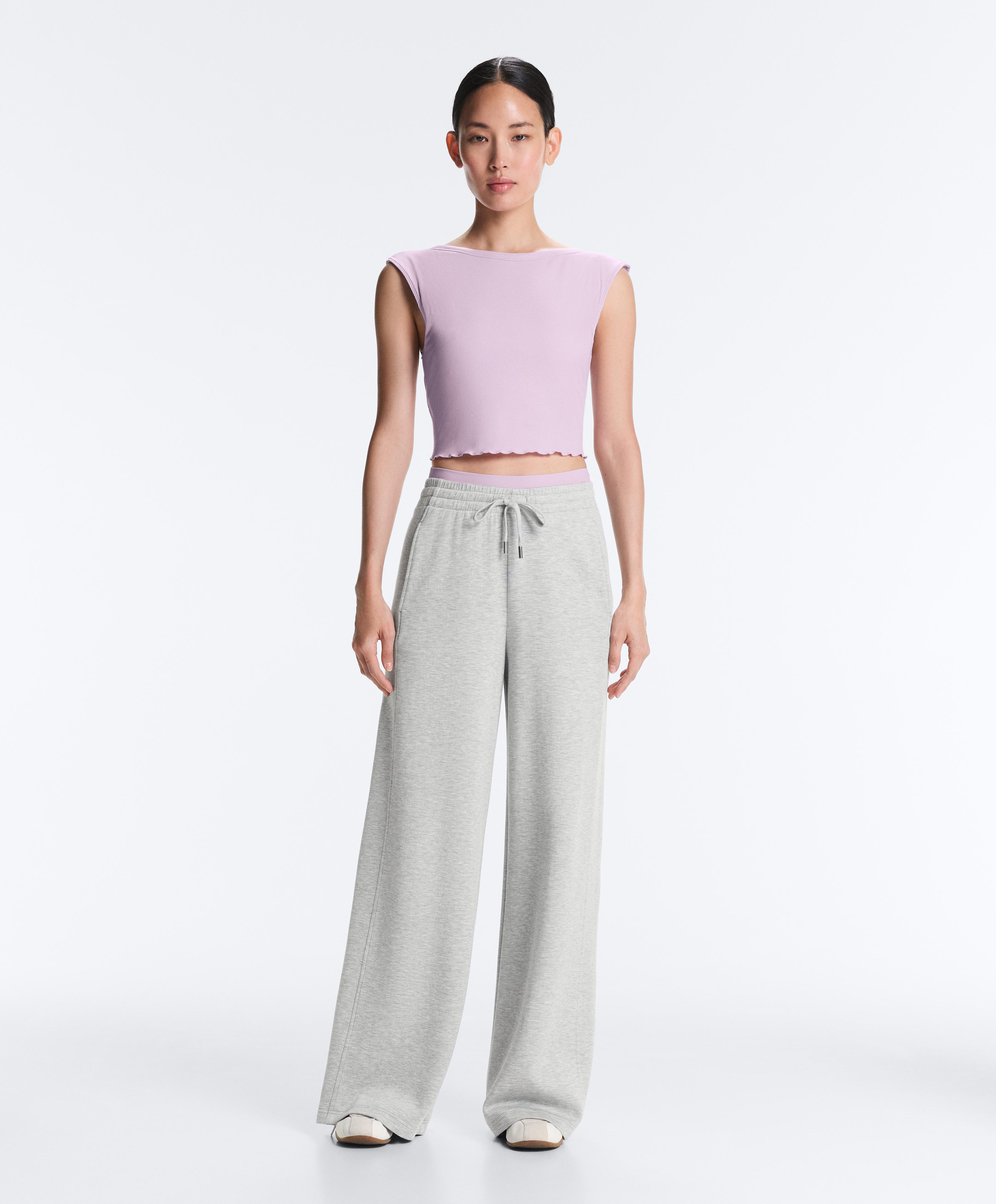 Rib modal blend short sleeve tank top with curling detail — LILAC