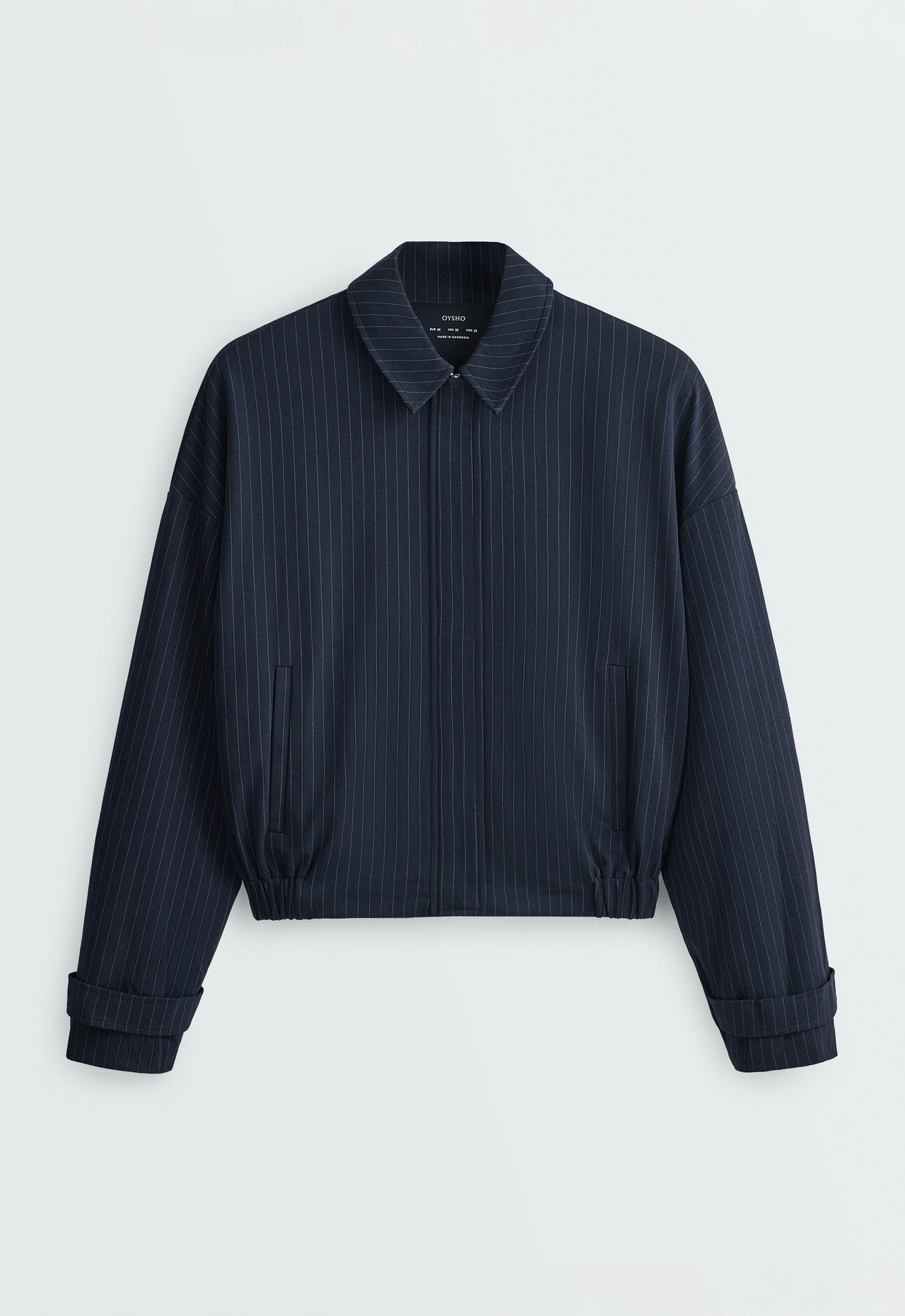 Pinstripe piqué polo neck jacket with cotton — NAVY BLUE