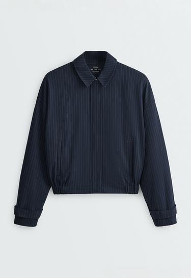 Pinstripe piqué polo neck jacket with cotton — NAVY BLUE 6