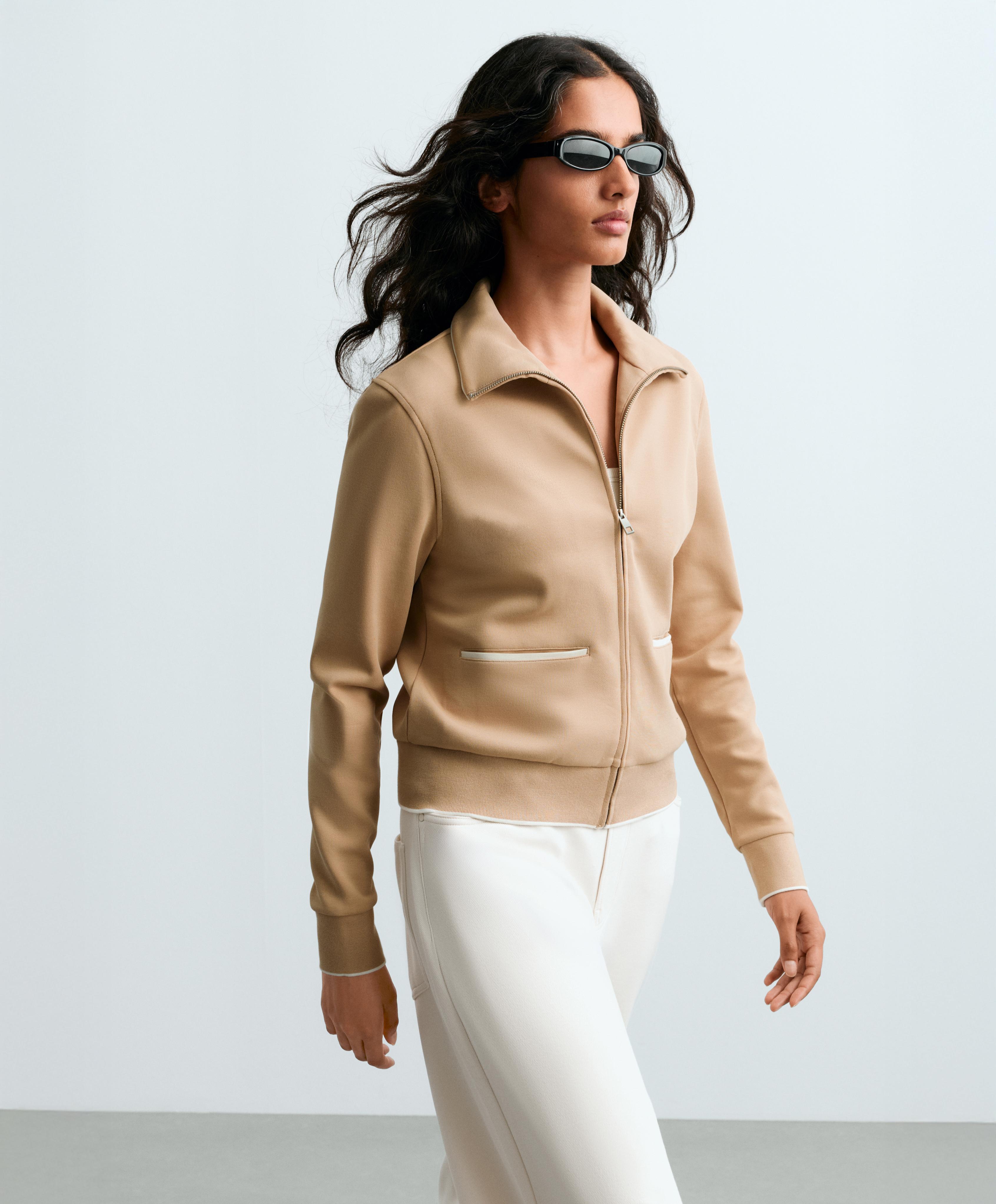 Cotton piqué jacket with piping — BEIGE
