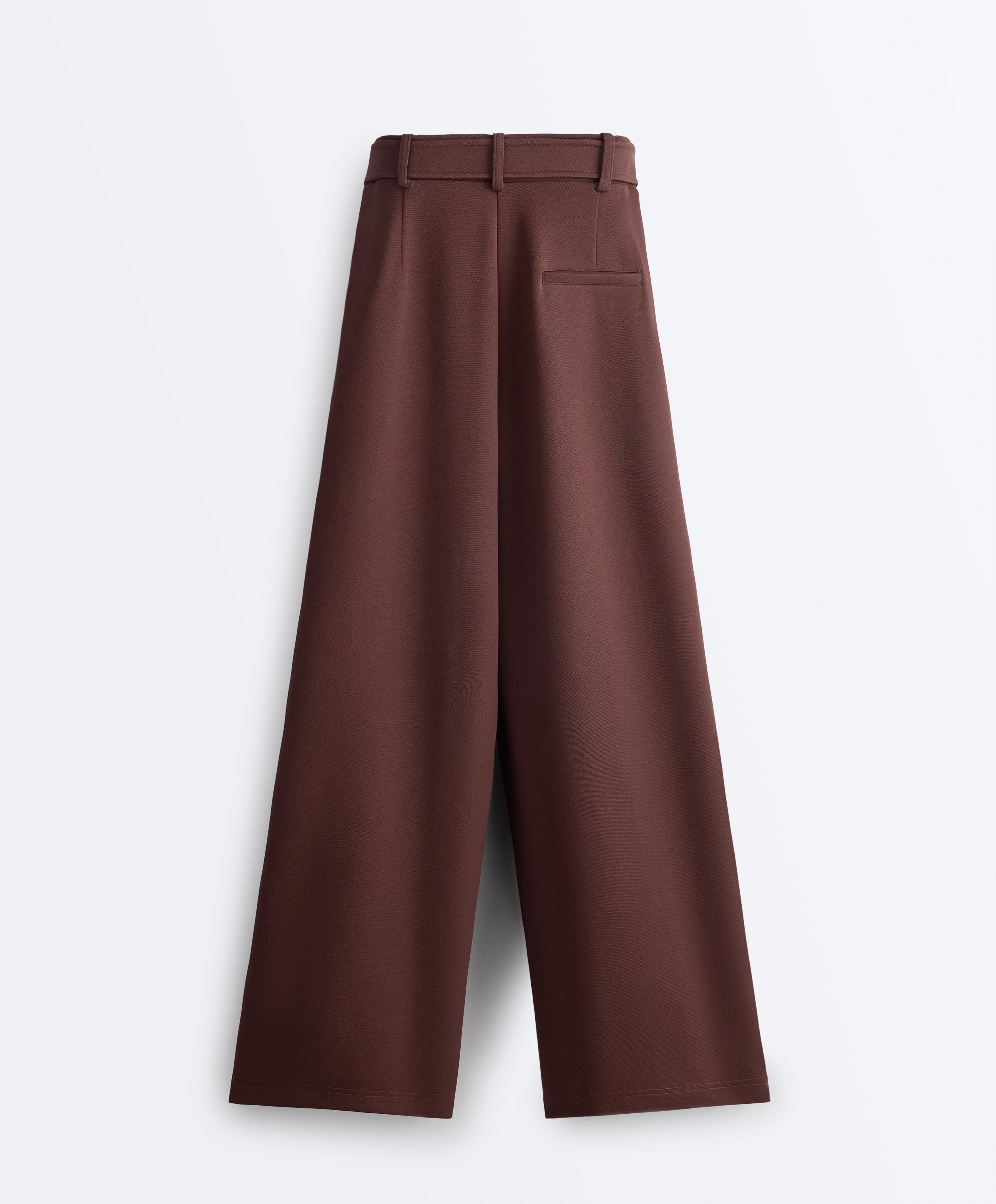 Wide-leg cotton piqué belted trousers — CHOCOLATE