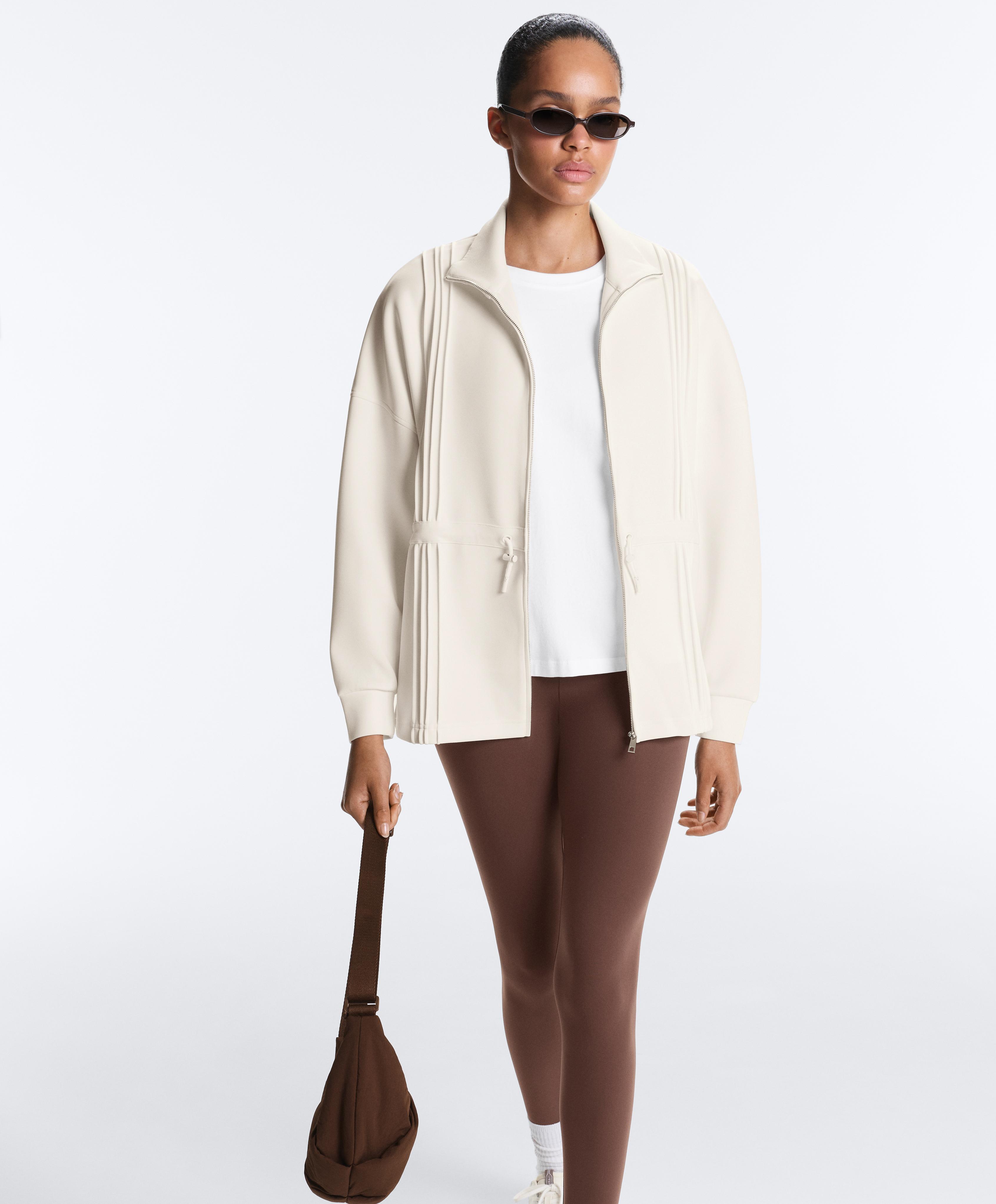 Long jacket with ribbed high neck and soft-touch modal — PALE ECRU