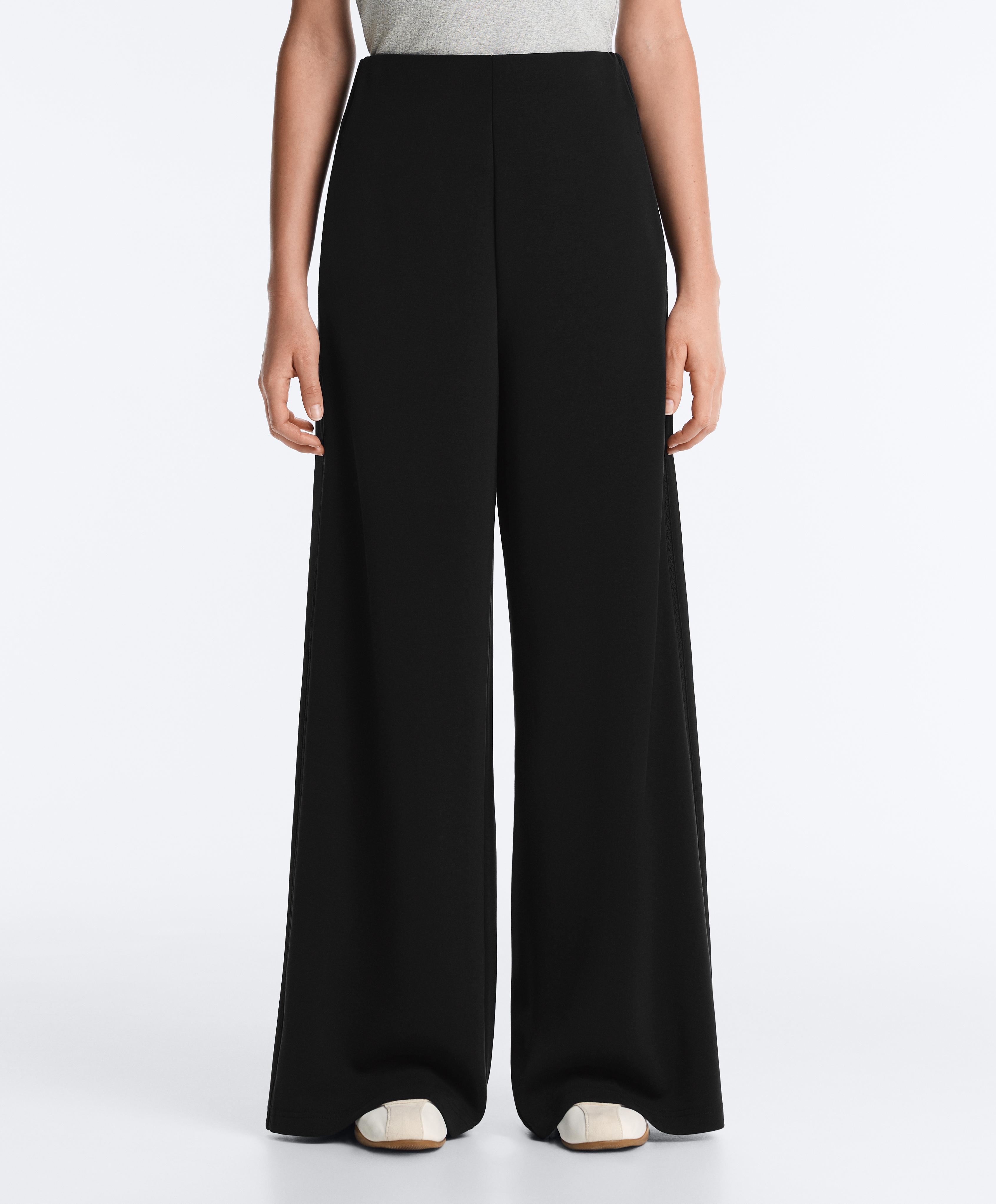 Wide-leg trousers with soft-touch modal and hemstitch — BLACK