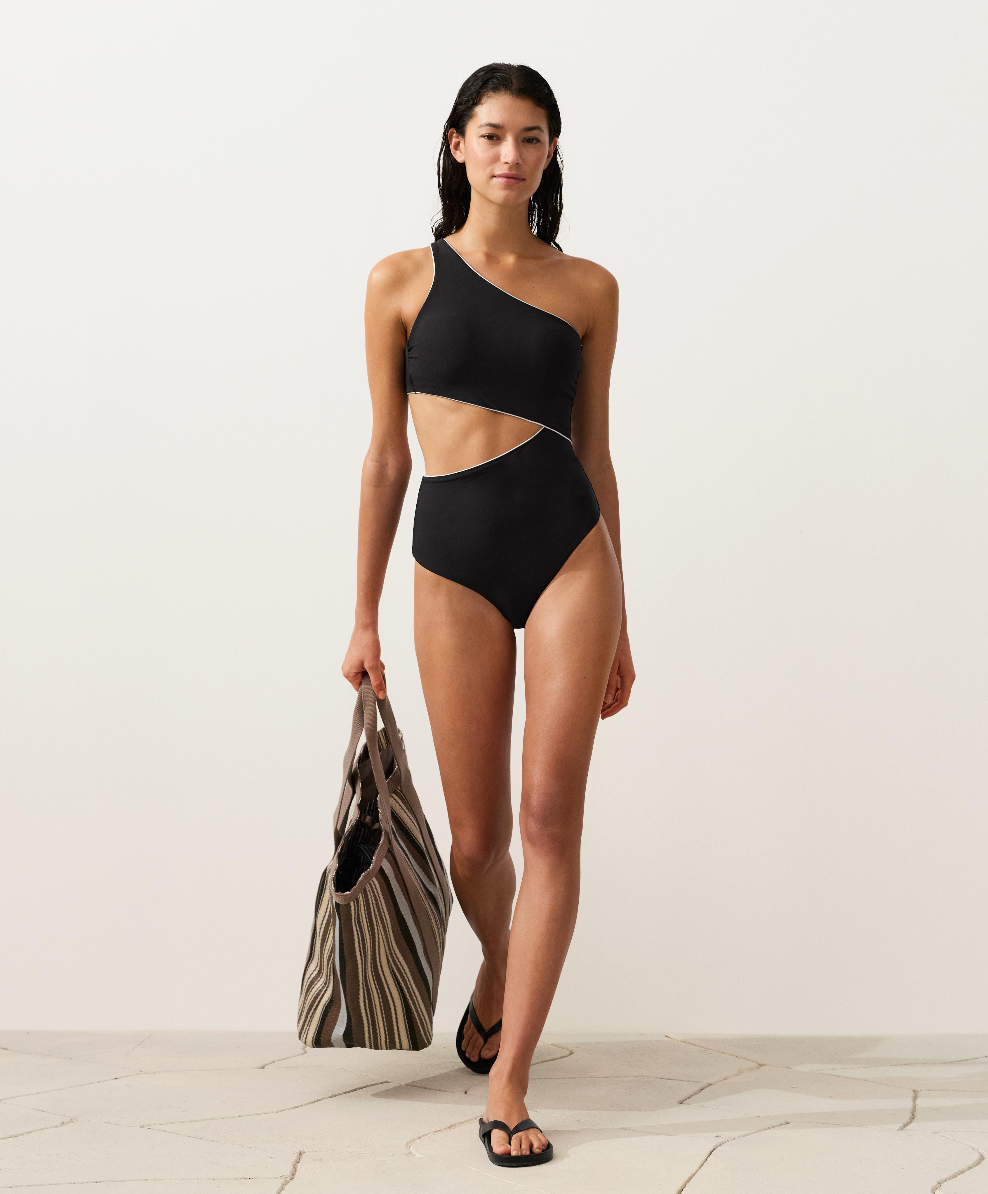 Asymmetric piping bow trikini — BLACK