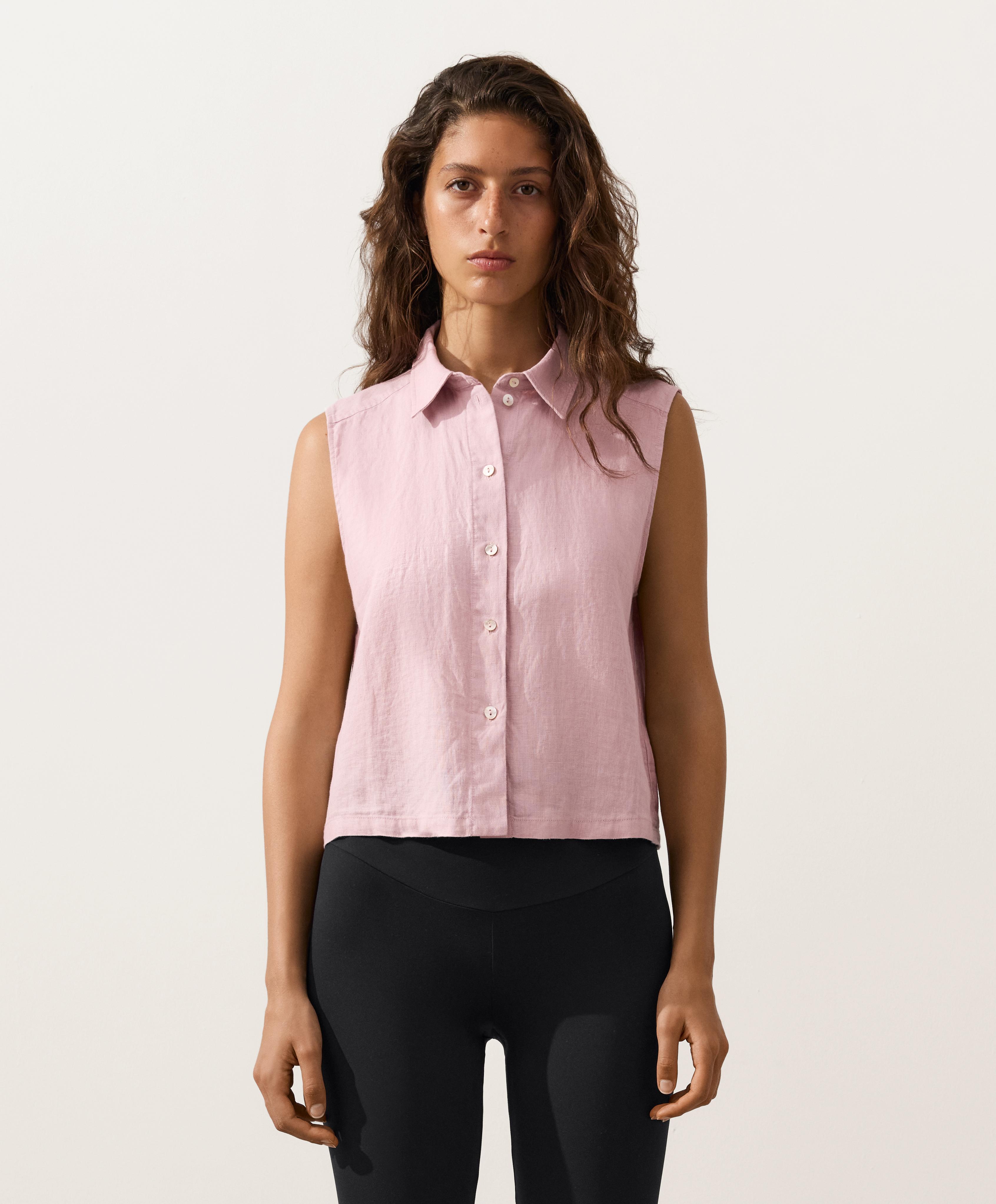 Sleeveless cropped 100% linen shirt — DUSTY PINK