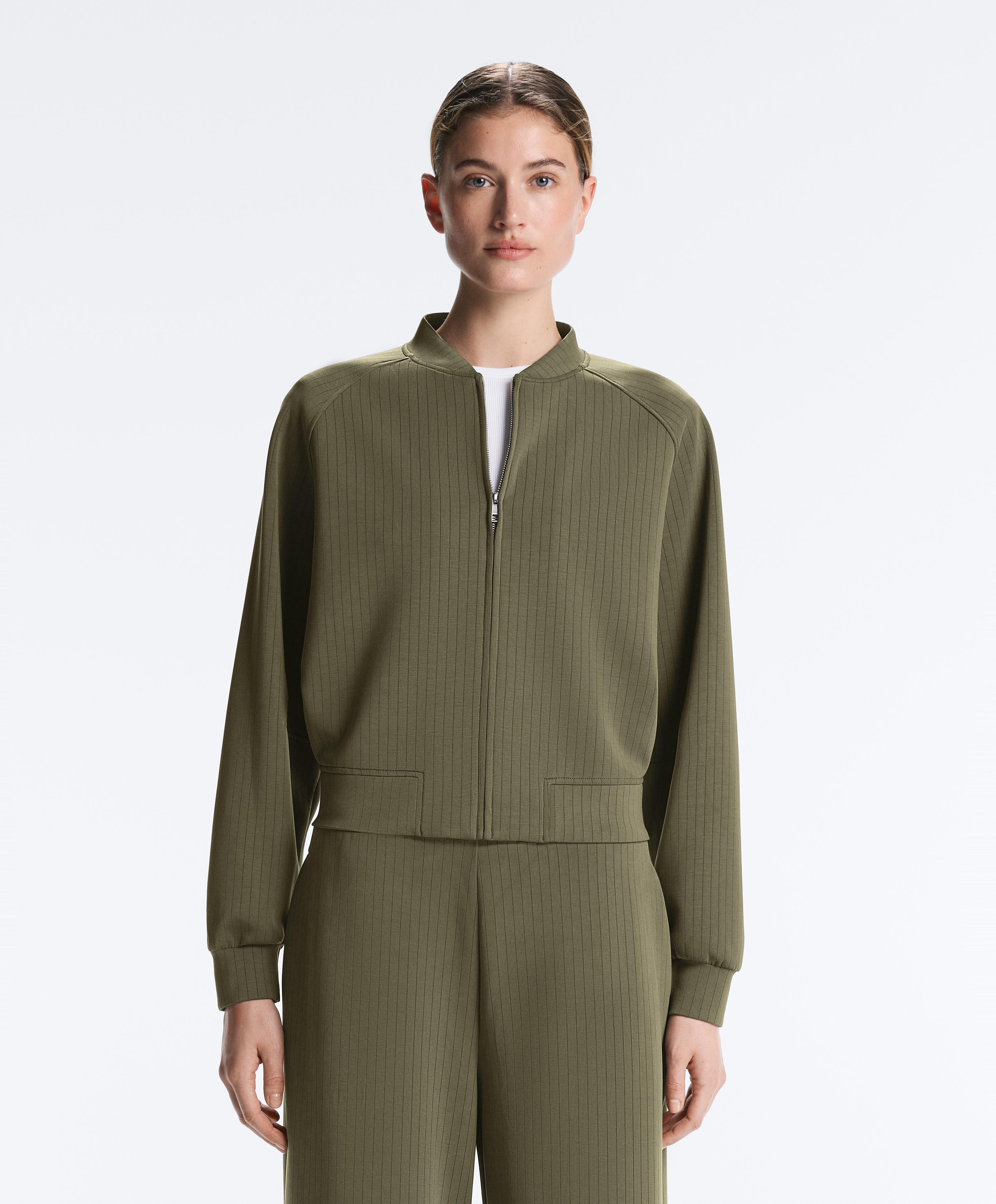 Striped bomber jacket with soft-touch modal — KHAKI