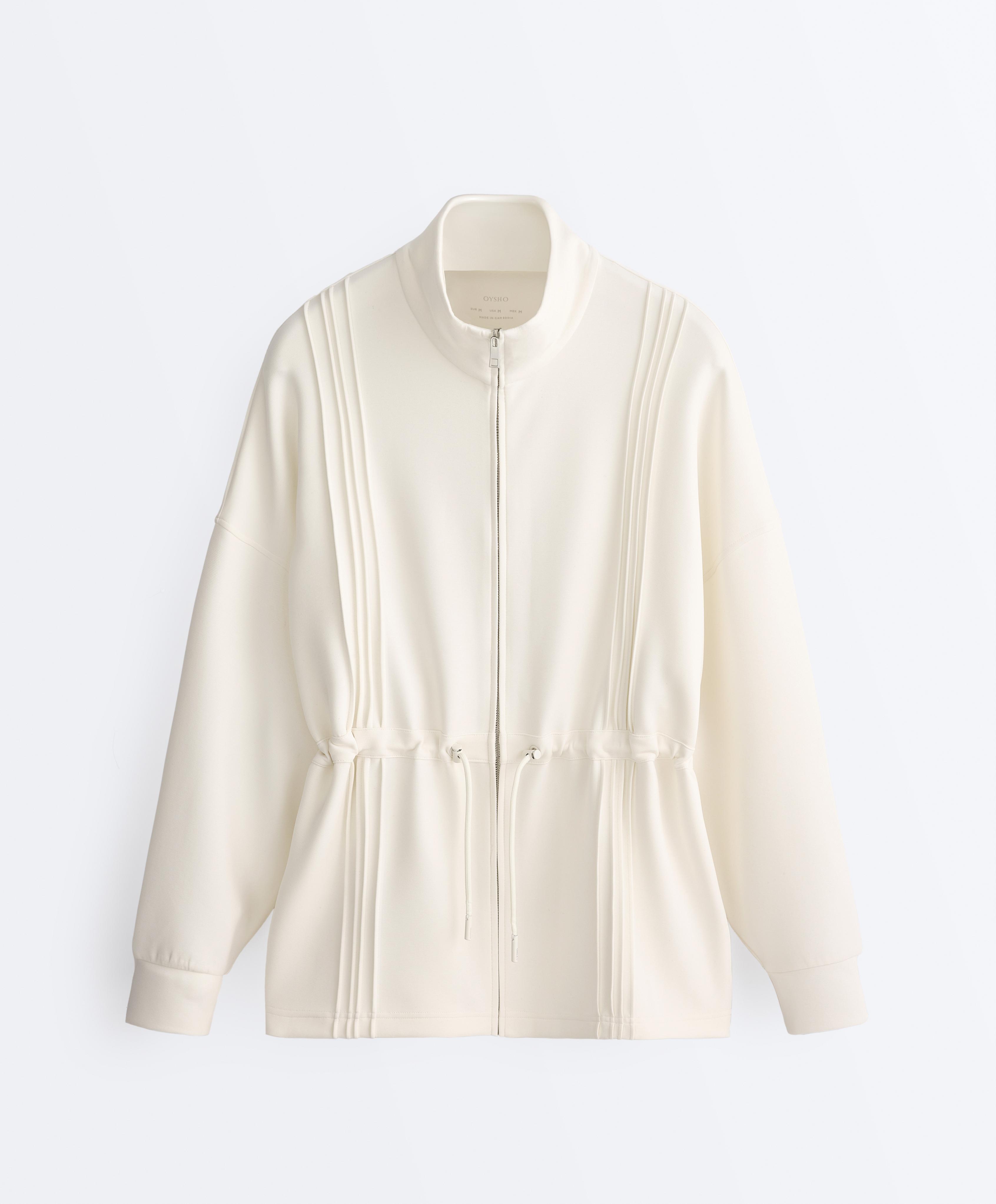 Long jacket with ribbed high neck and soft-touch modal — PALE ECRU