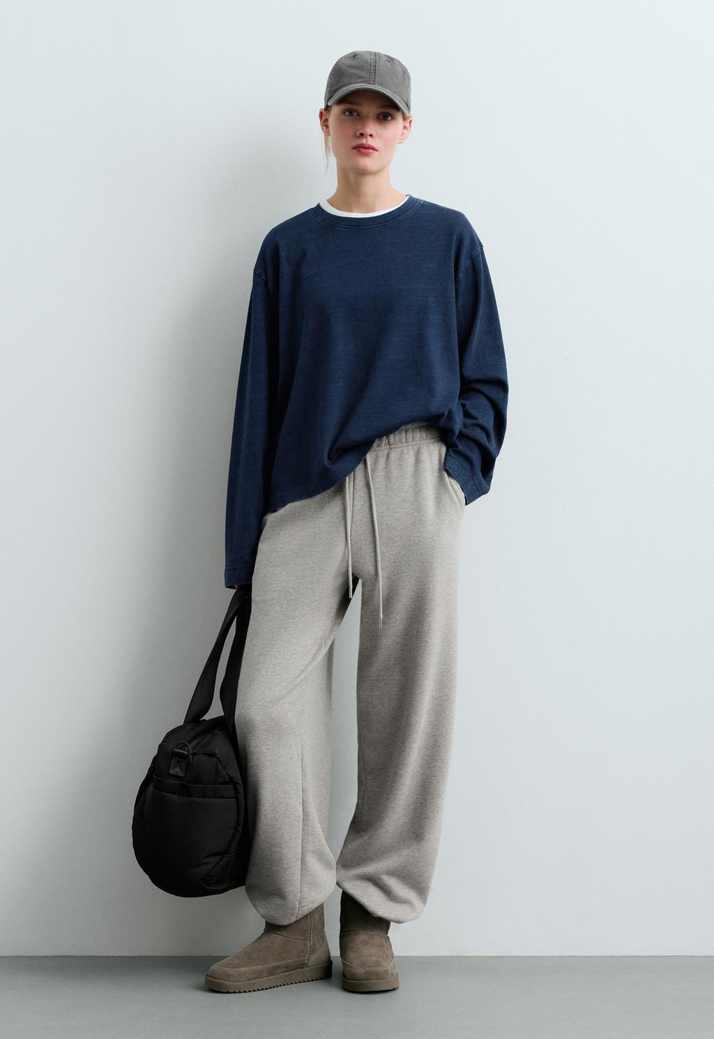 Oysho Relaxed fit long-sleeved washed denim-effect t-shirt