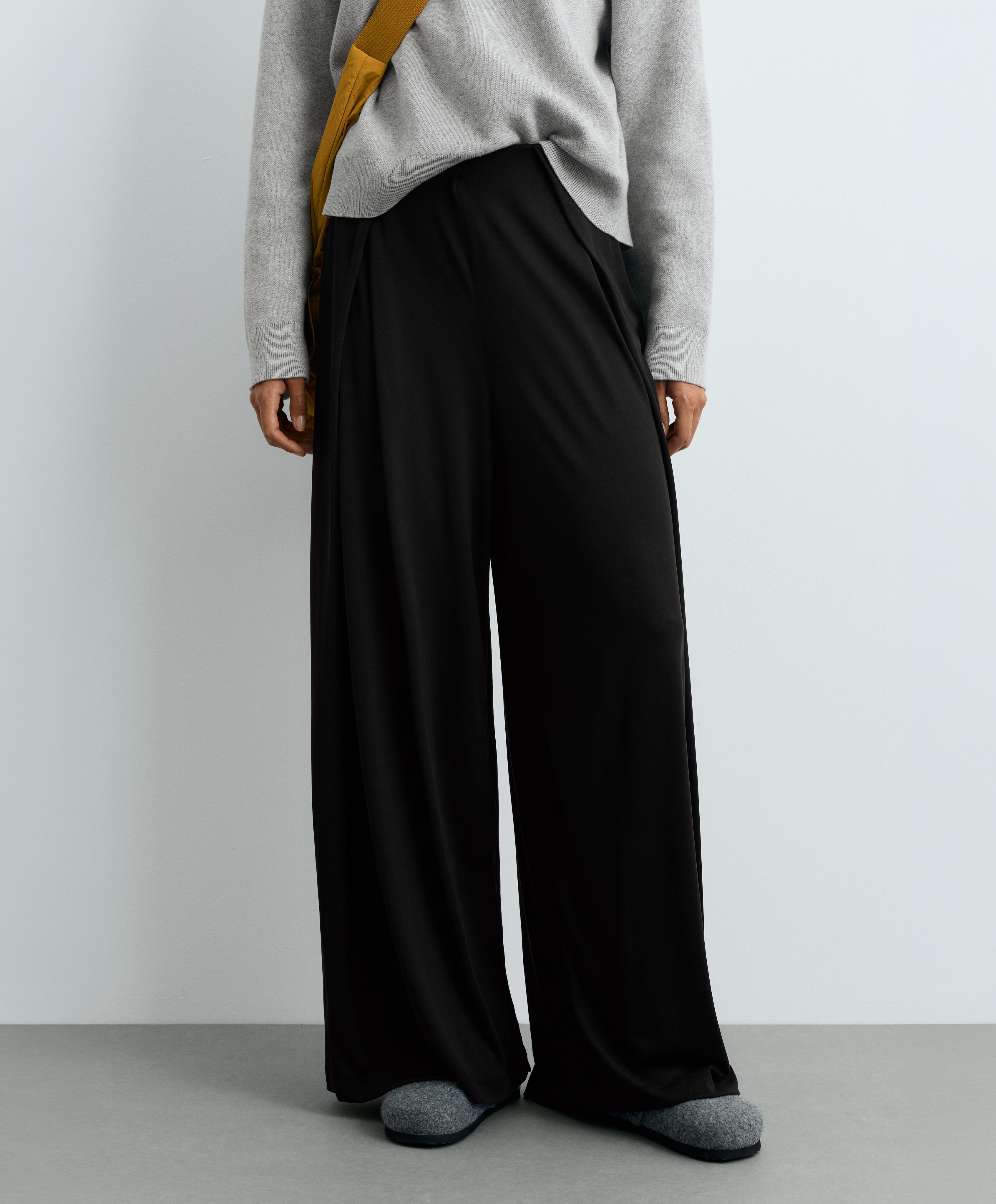 Modal blend straight-leg trousers with side pleat — BLACK