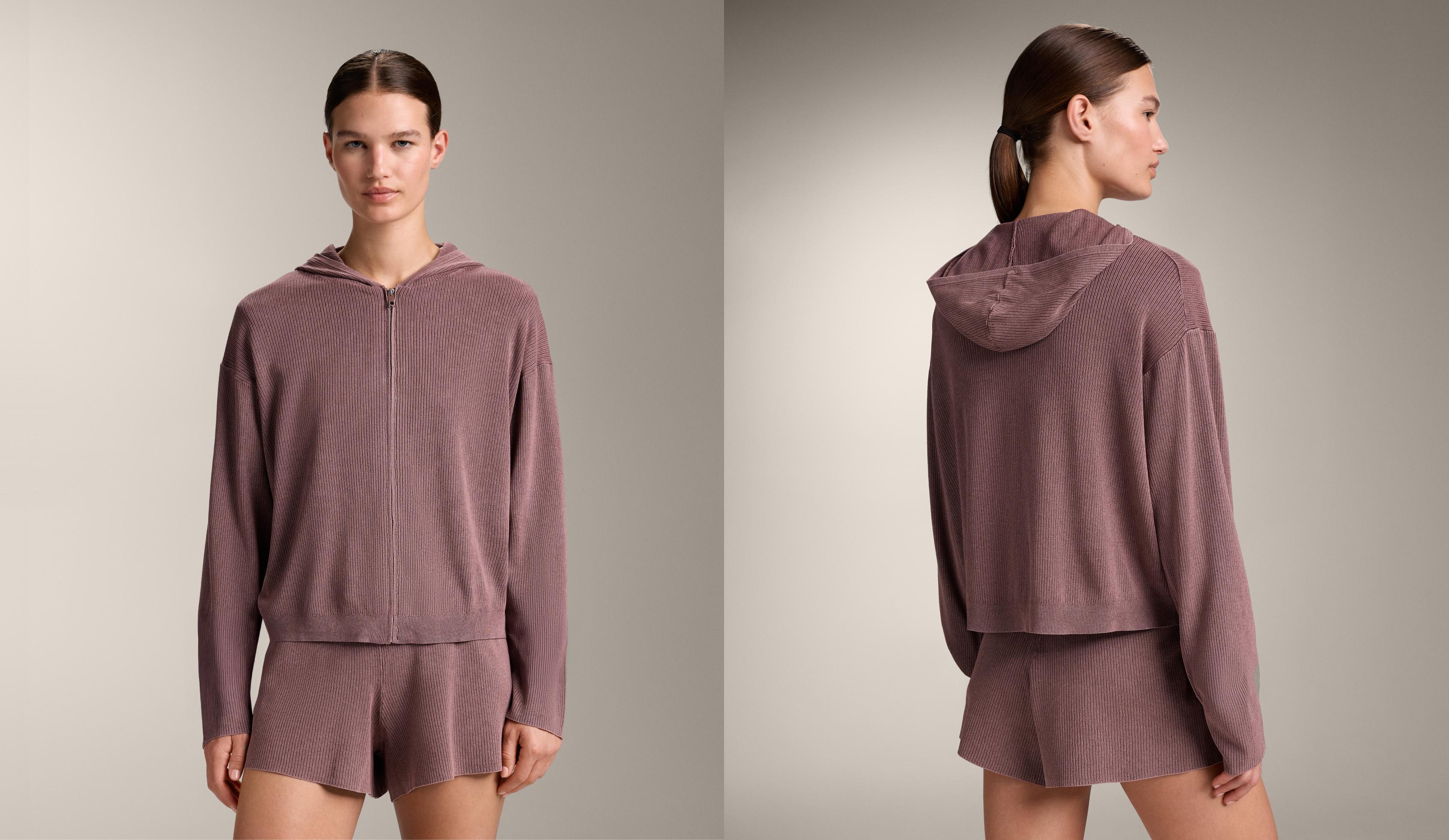 Hooded rib-knit jacket — PINK-MAUVE