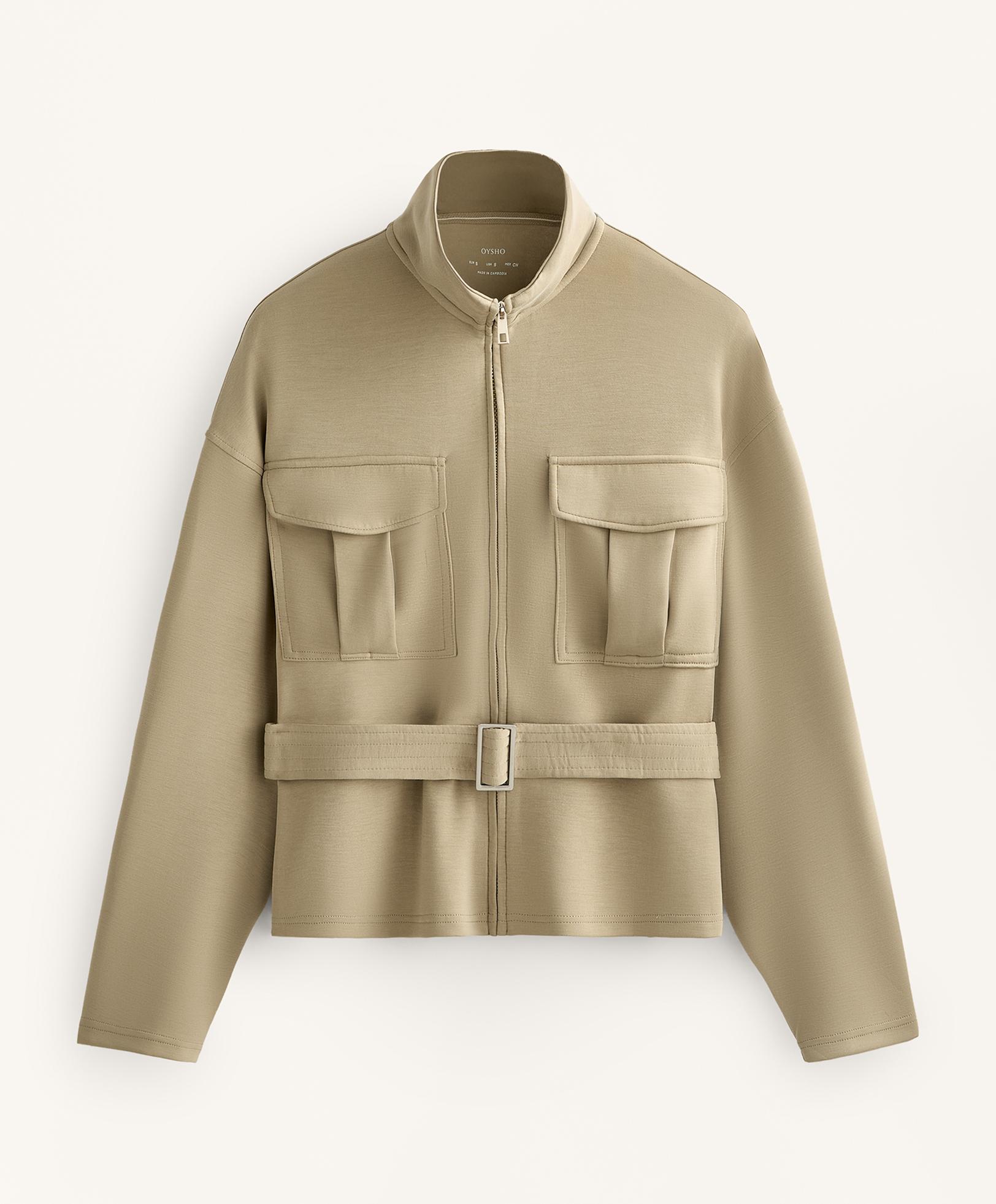 Soft-touch belted jacket with modal — GREEN BEIGE