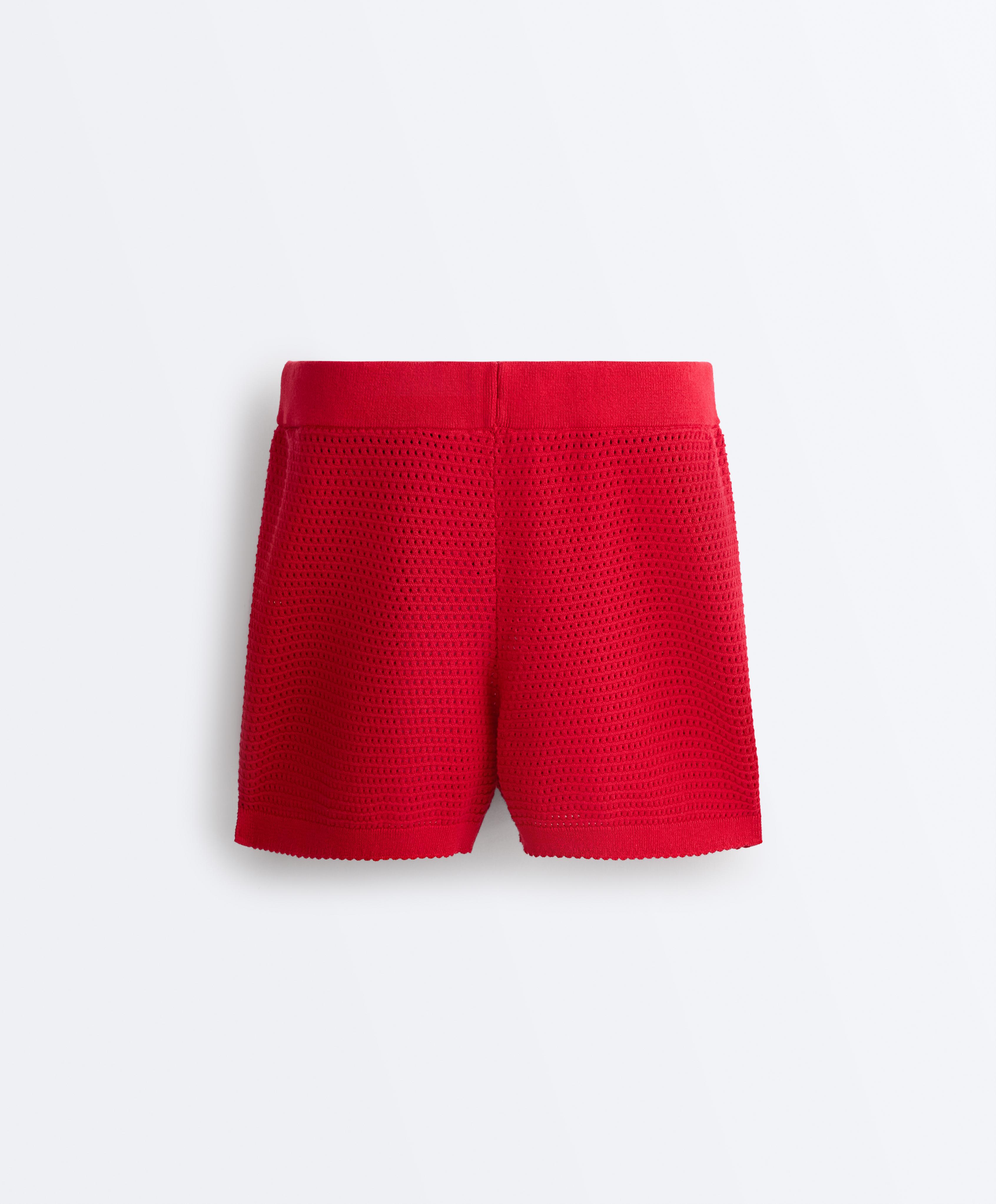 Cotton openwork knit shorts — BRIGHT RED