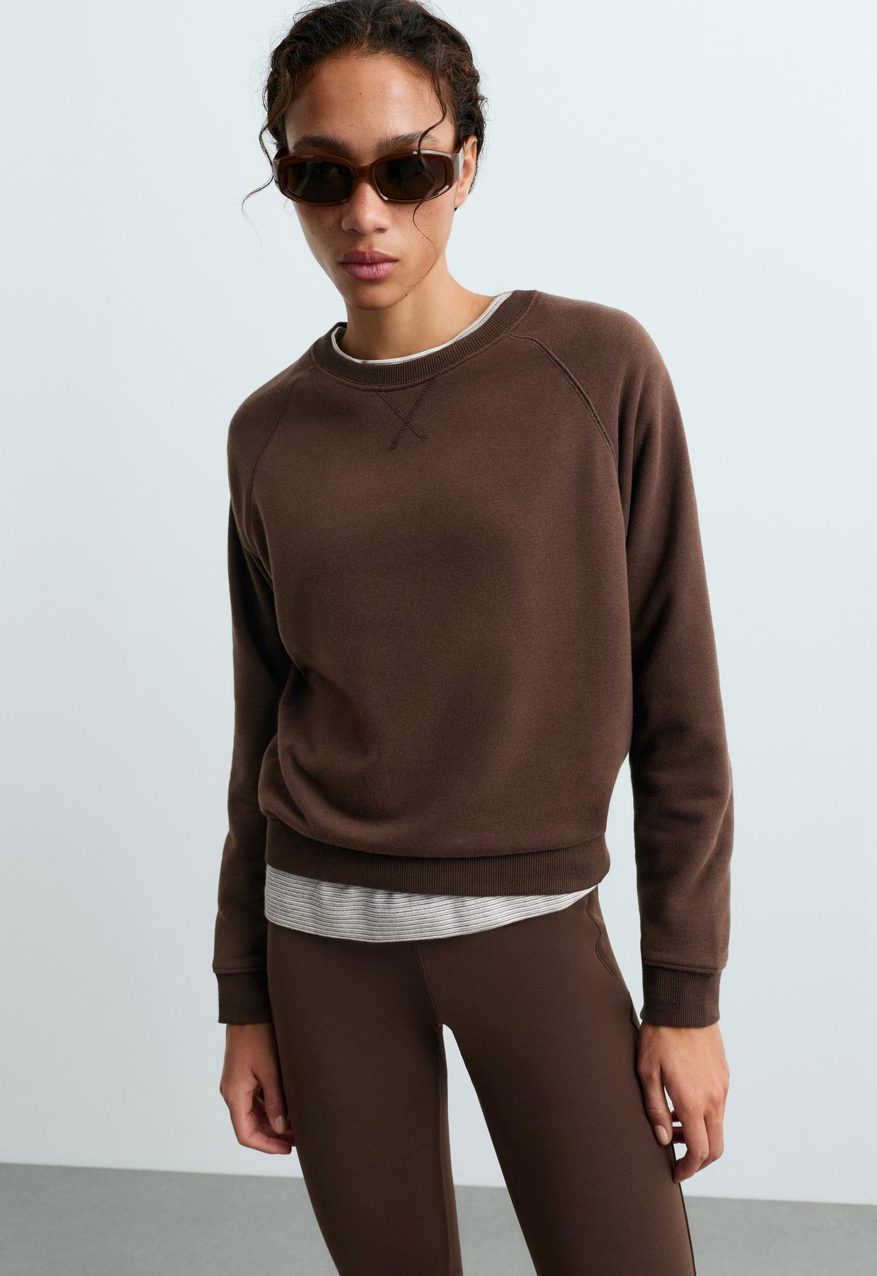 Cotton-blend crew neck sweatshirt — DARK REDDISH‑BROWN