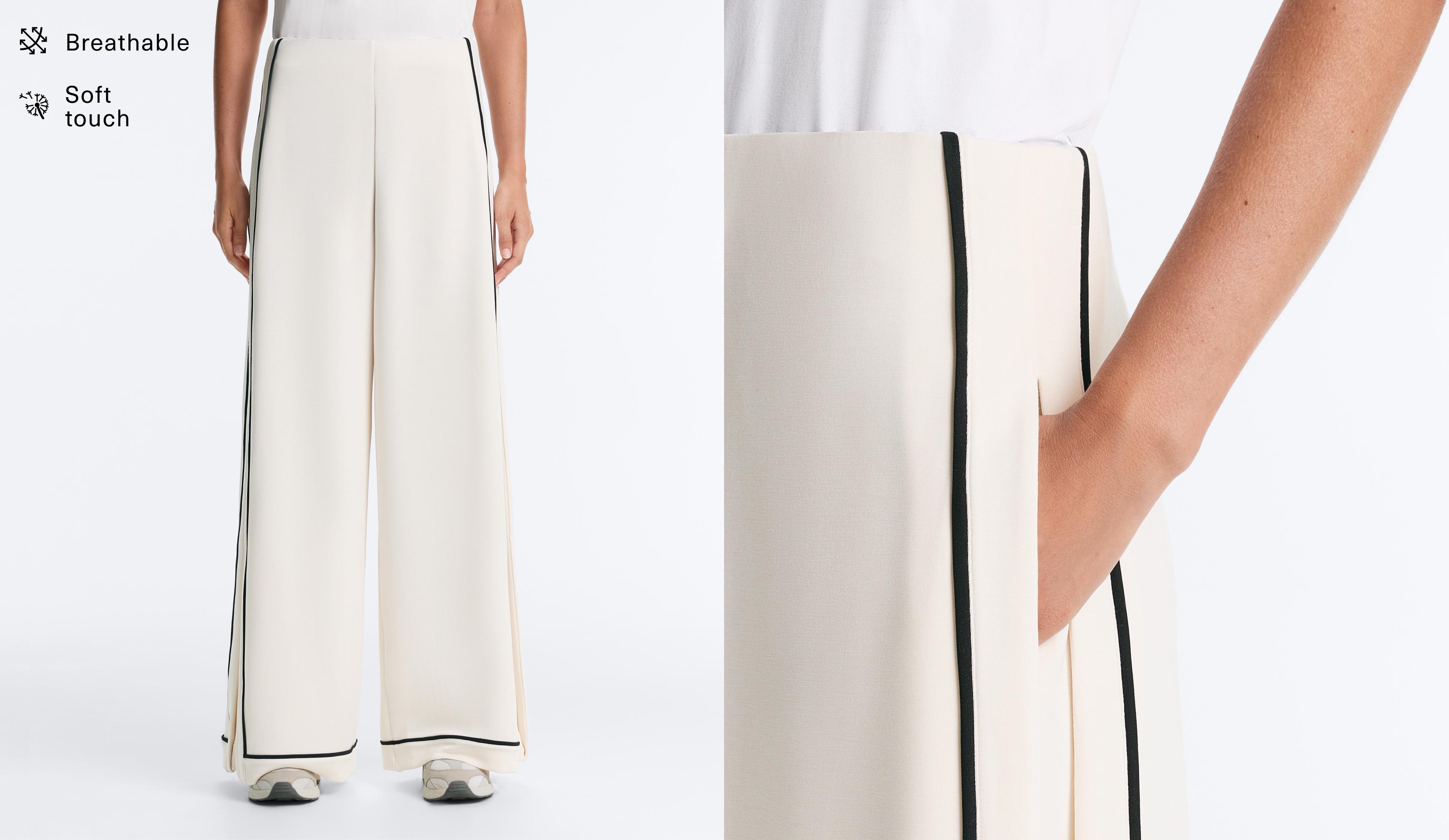 Soft-touch modal wide-leg trousers with contrast piping — PALE ECRU