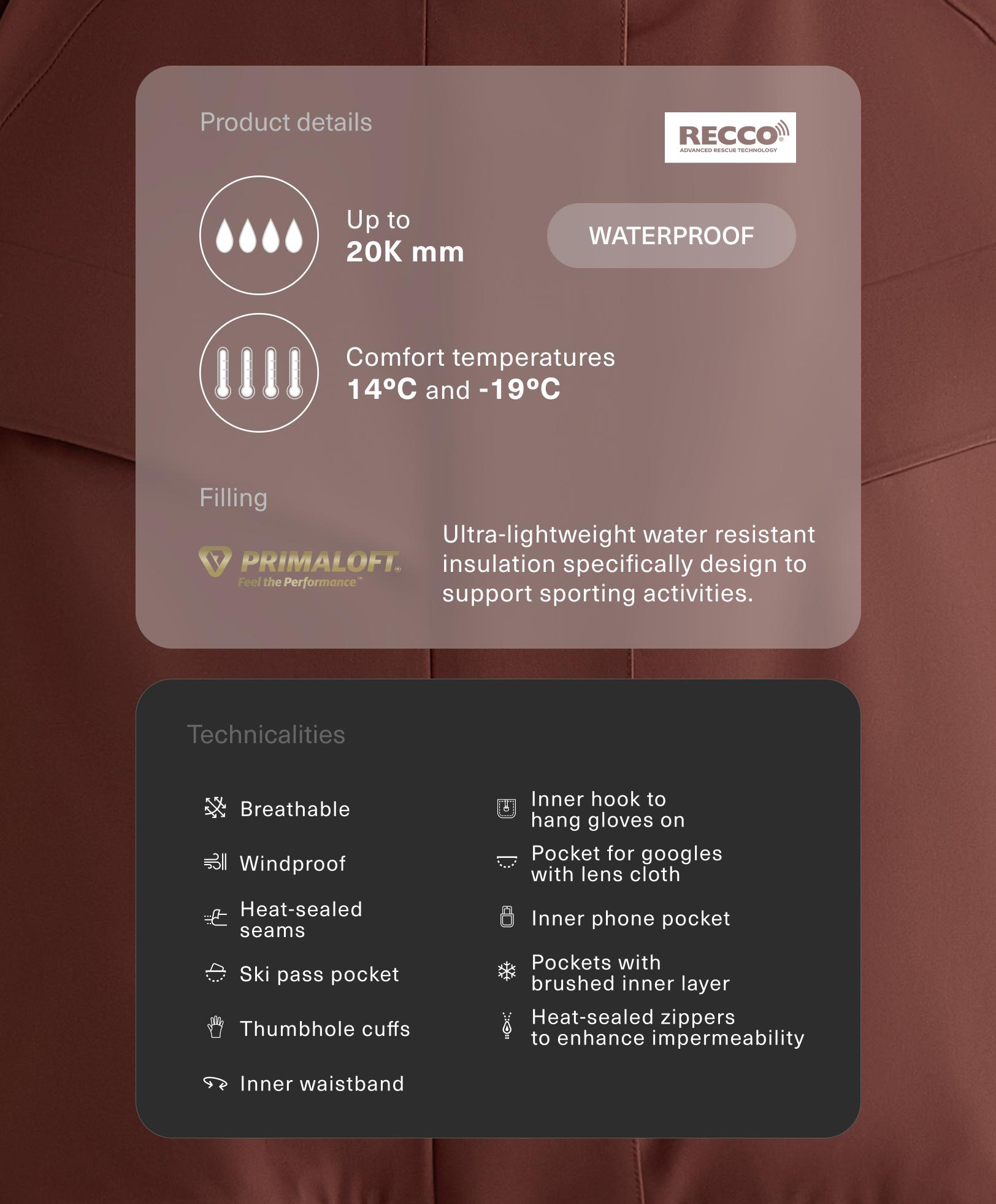 Primaloft® Feel the Performance TM SKI waterproof jacket with pockets