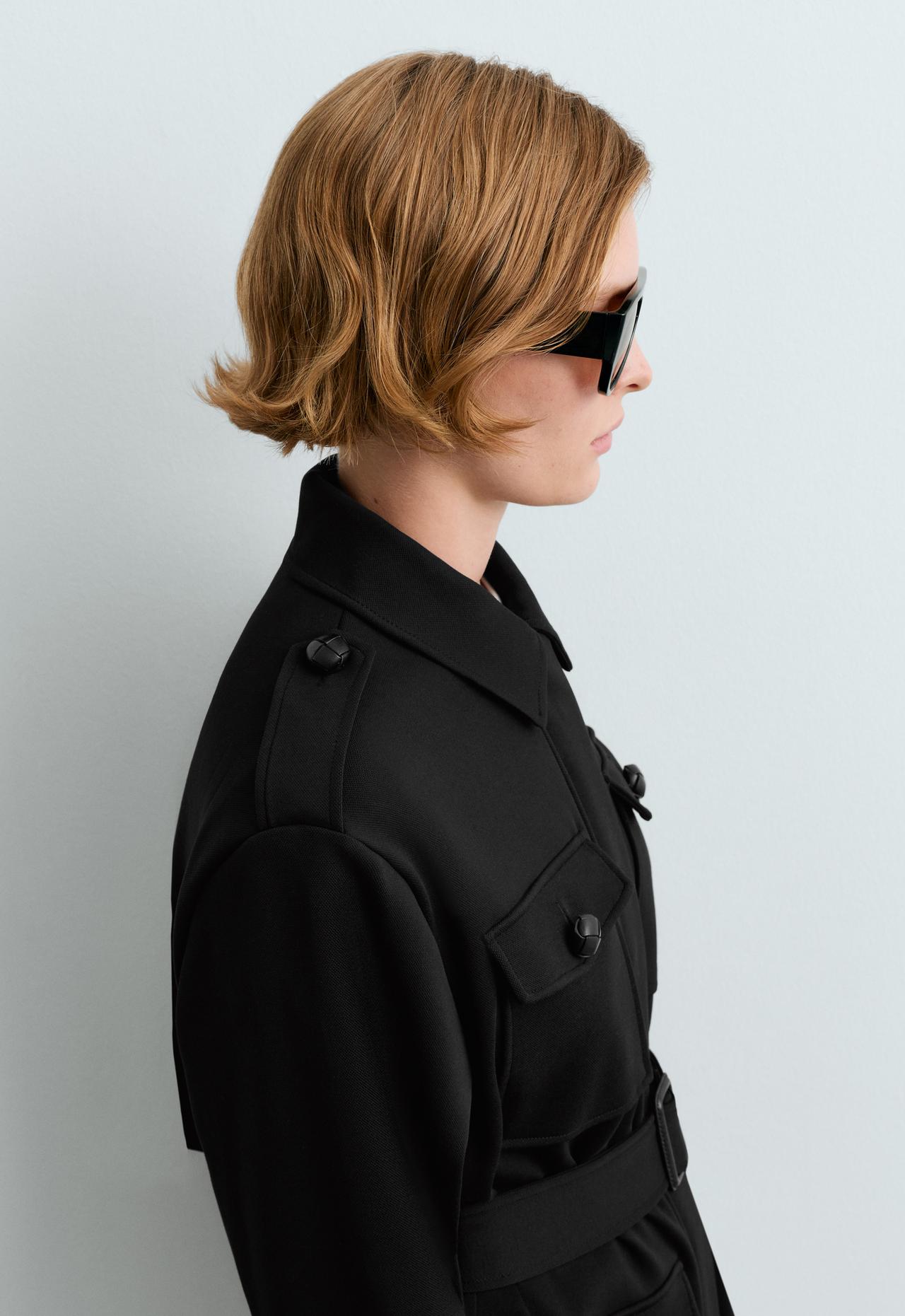 Long cotton piqué pockets jacket — BLACK