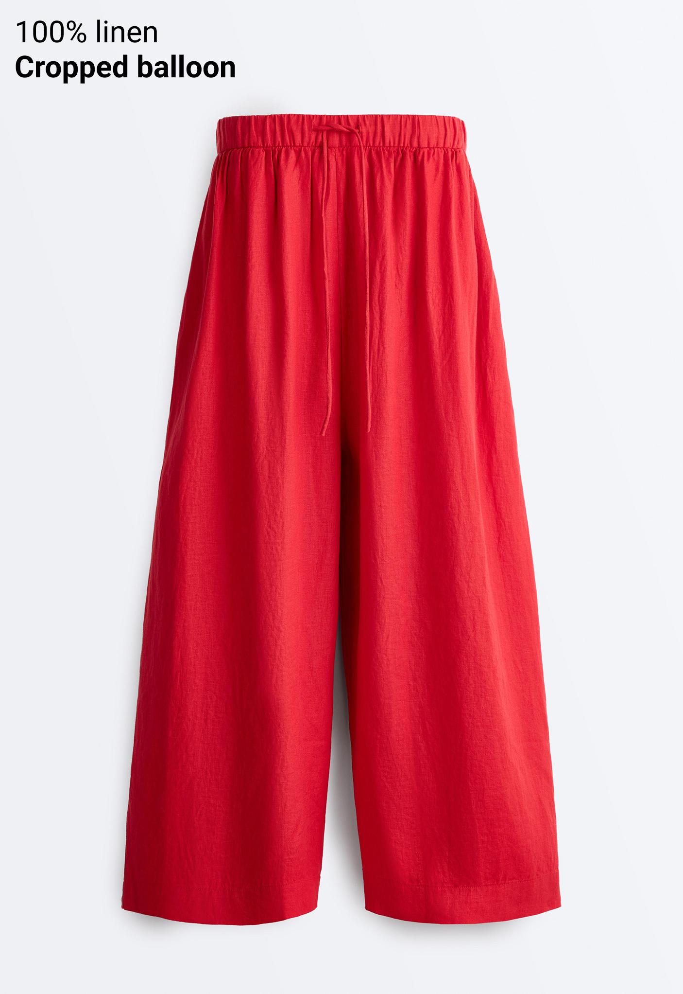 100% linen crop balloon trousers — BRIGHT RED
