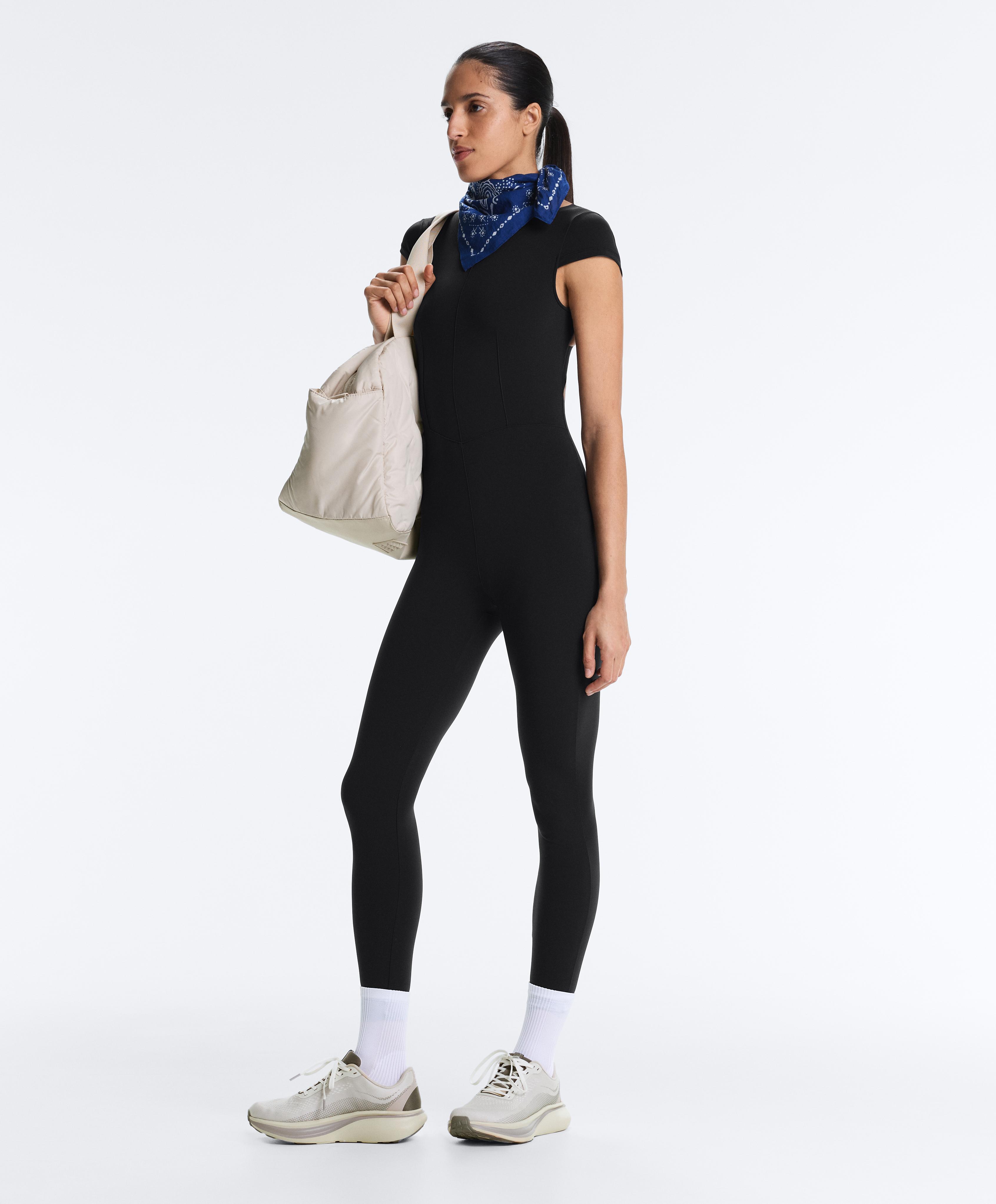 Long Compressive short sleeve jumpsuit — BLACK
