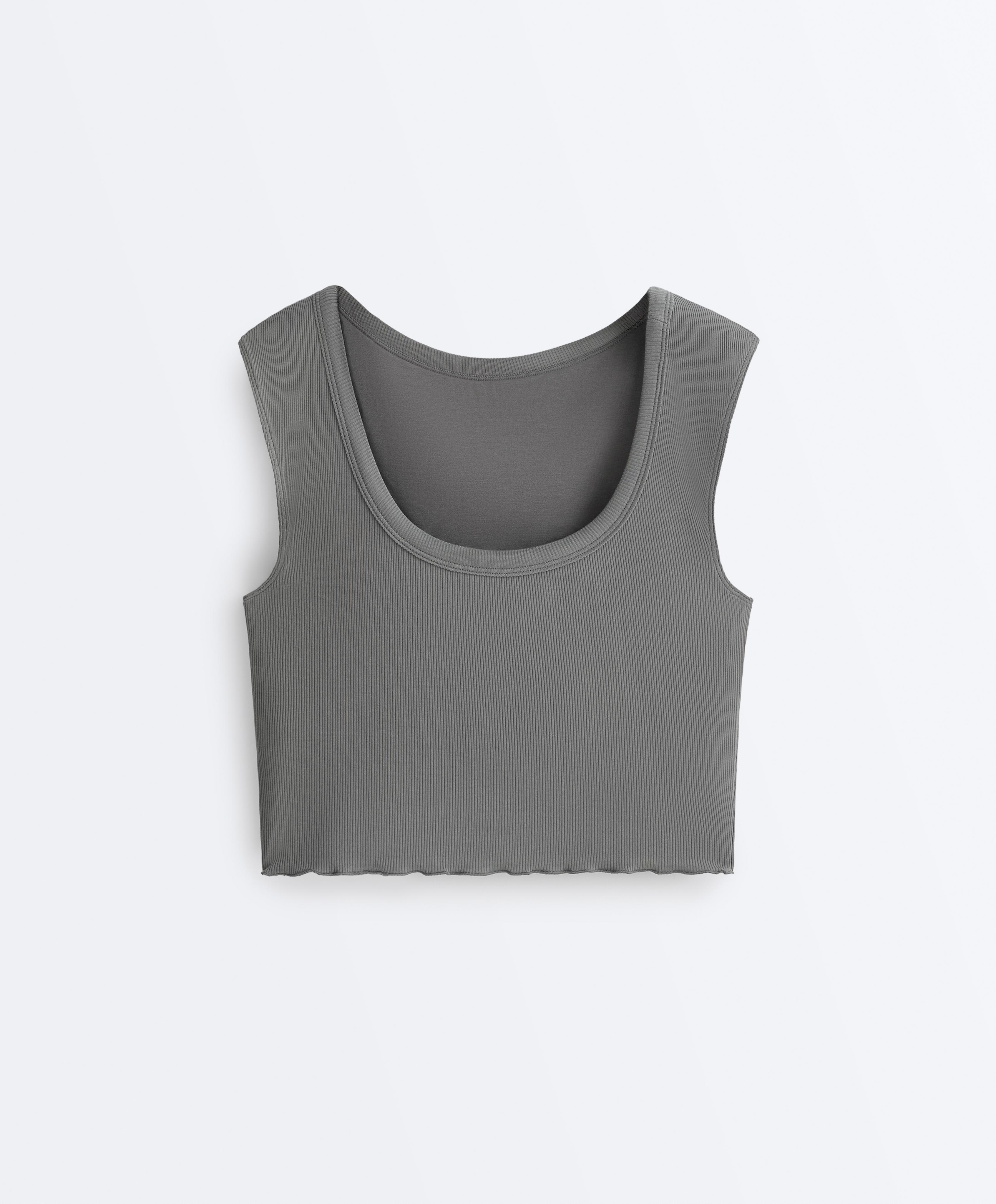 Rib modal blend short sleeve tank top with curling detail — MID GREY
