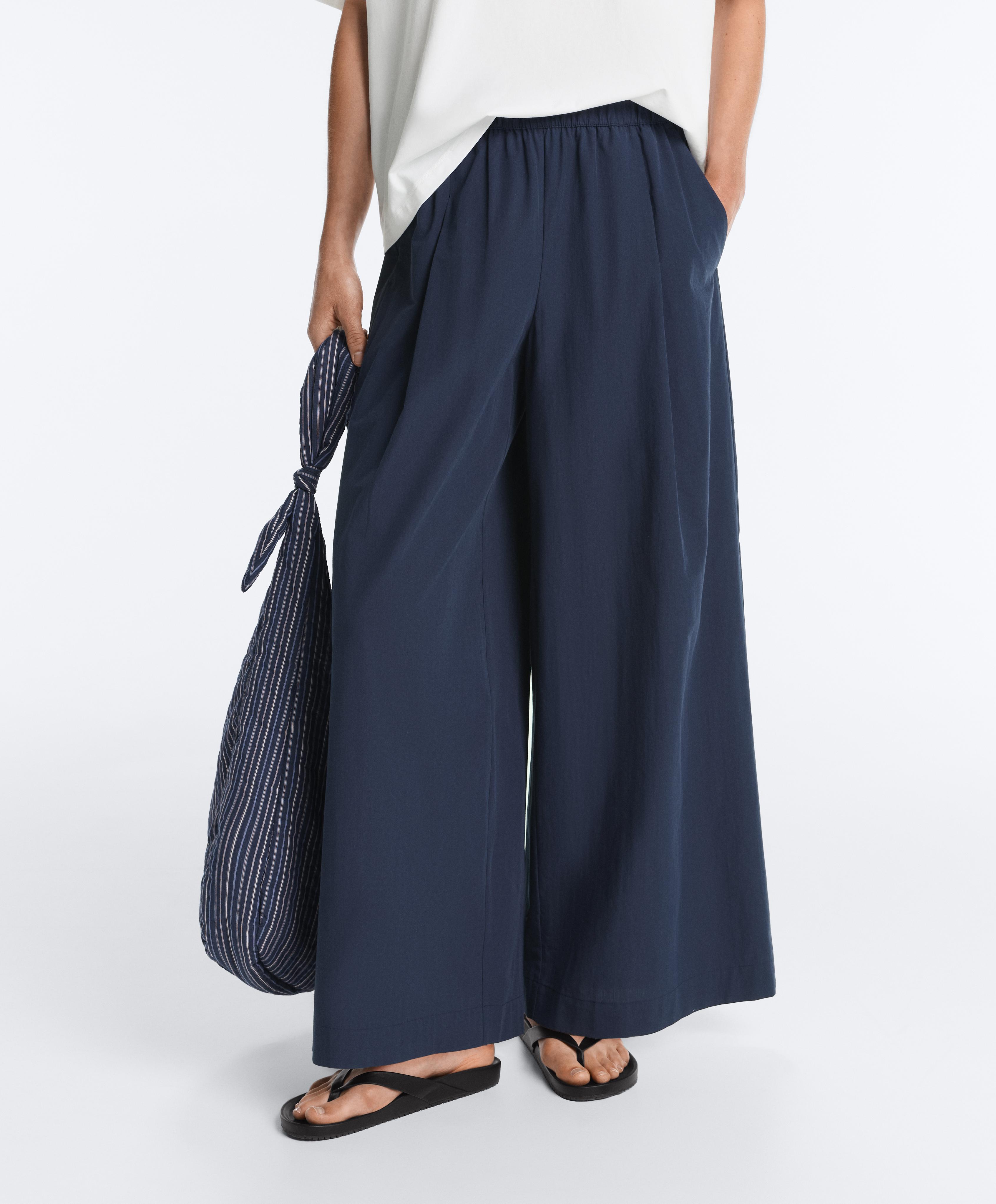 100% cotton poplin wide-leg trousers — NAVY BLUE