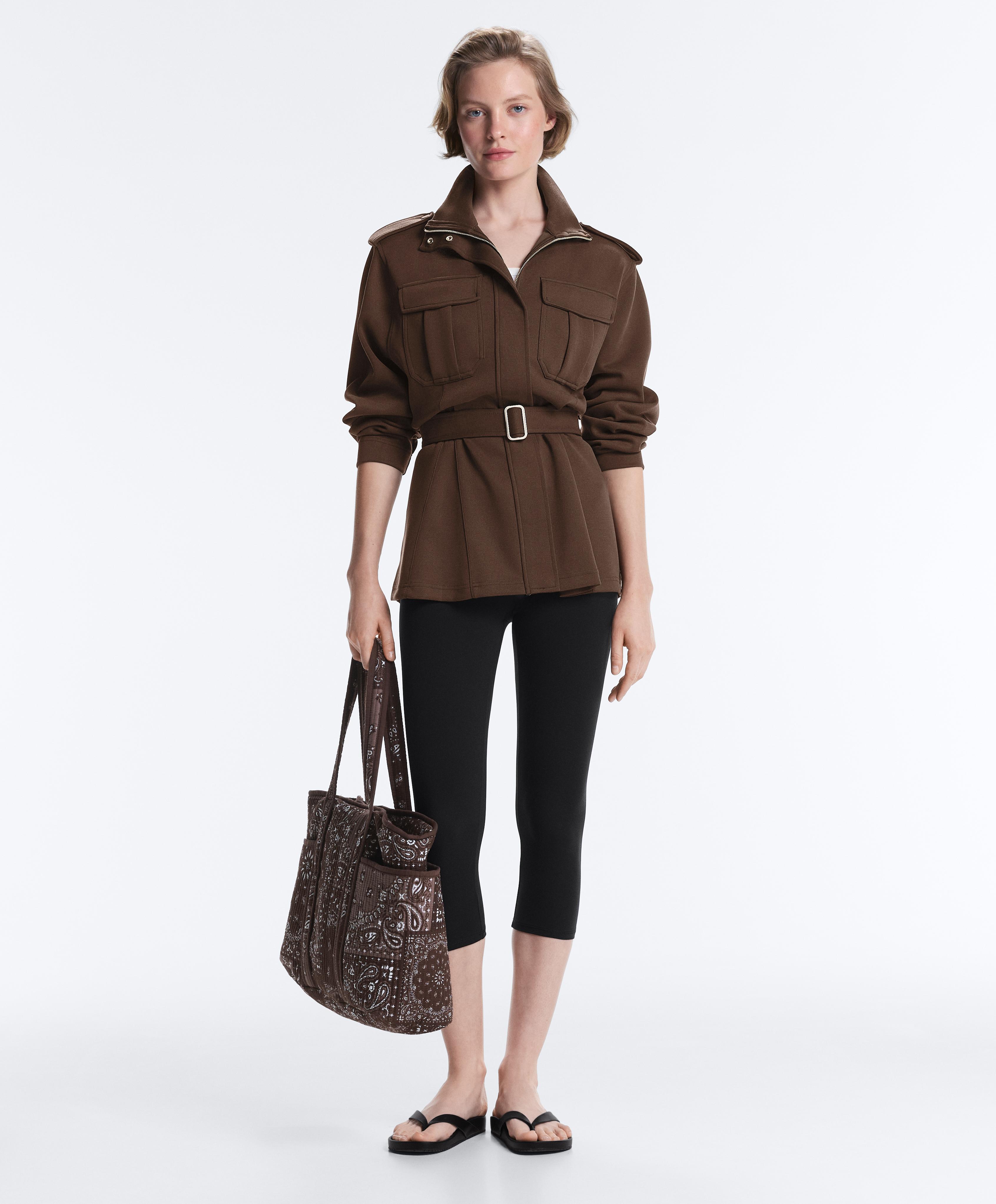 Long utility pique jacket with belt — DARK BROWN